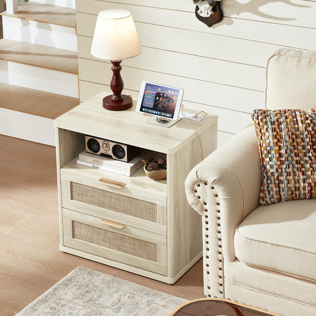 LEYAOYAO Rattan Nightstands Set of 2 with Charging Station, Boho Night Stand Dresser for Bedroom with Drawer, Grey White Bedside Table Open Storage Cabinet, Bed Side End Table, Living Room, Hallway