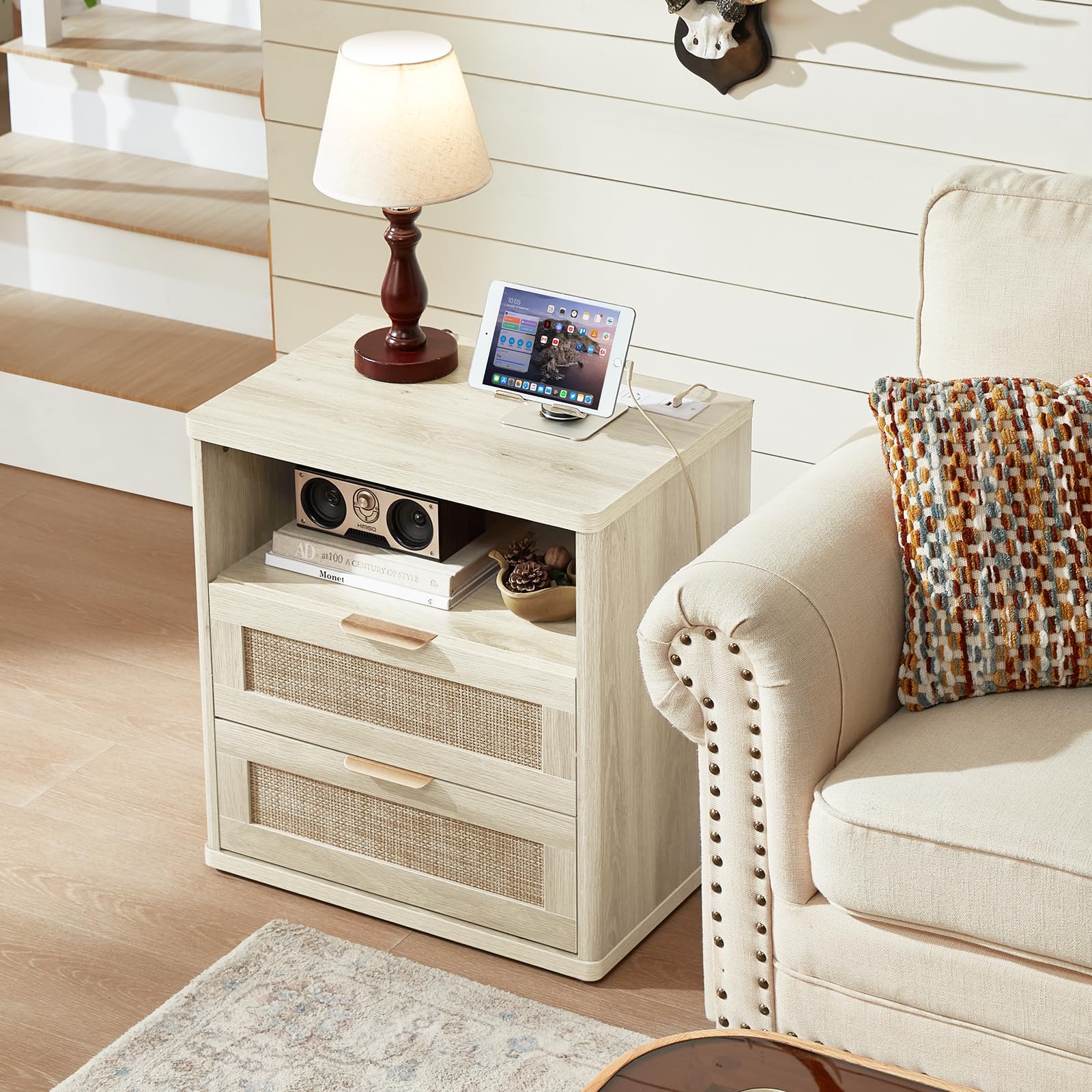 LEYAOYAO Rattan Nightstands Set of 2 with Charging Station, Boho Night Stand Dresser for Bedroom with Drawer, Grey White Bedside Table Open Storage Cabinet, Bed Side End Table, Living Room, Hallway