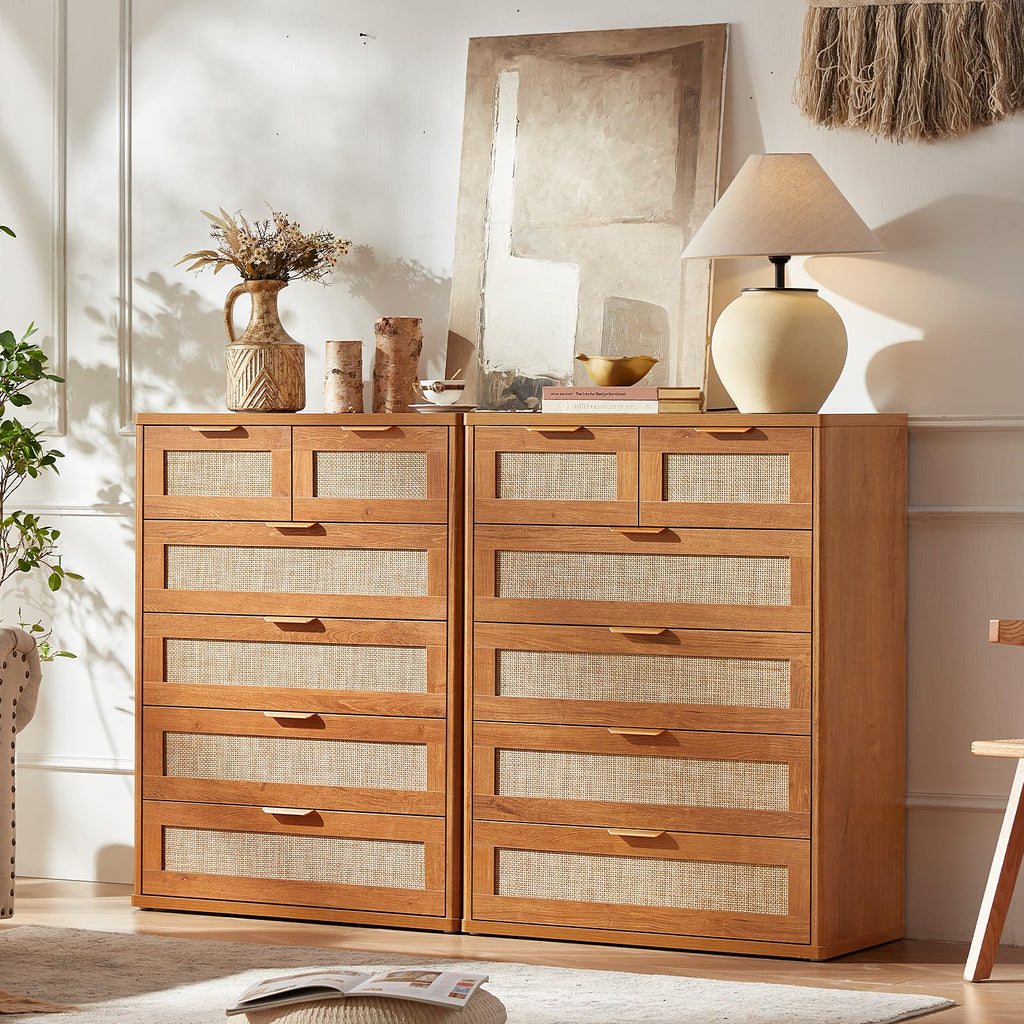 LEYAOYAO Rattan Bedroom Dresser Set of 2, Boho Wood 48" Wide 6 Drawers Dresser for Bedroom and 31.5" Tall 5 Drawers Dressers, Bedrooms Furniture, Dressers & Chests of Drawers, Living Room, Hallway