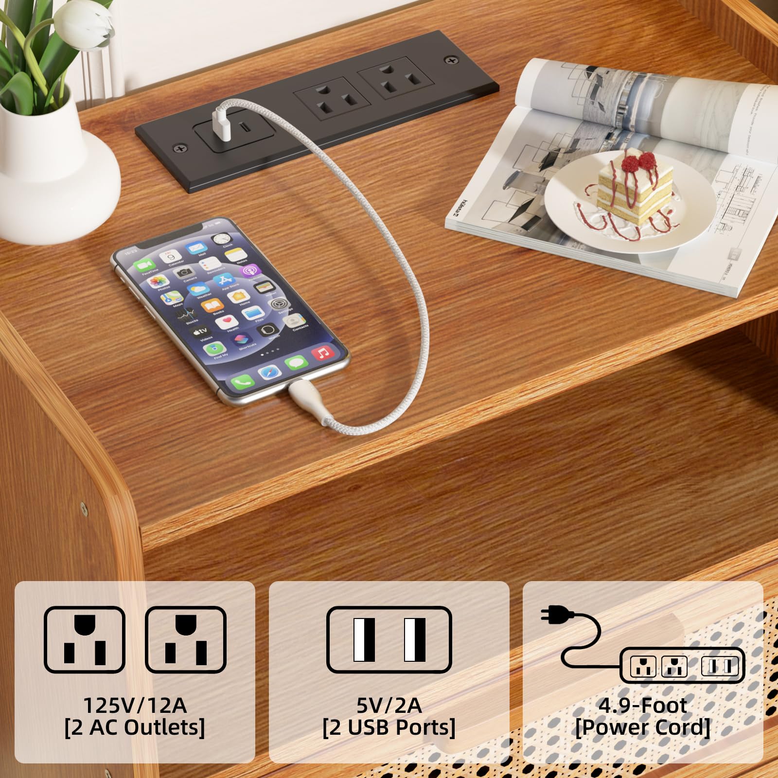 Lerliuo Rattan Nightstand with Charging Station, Boho Night Stand