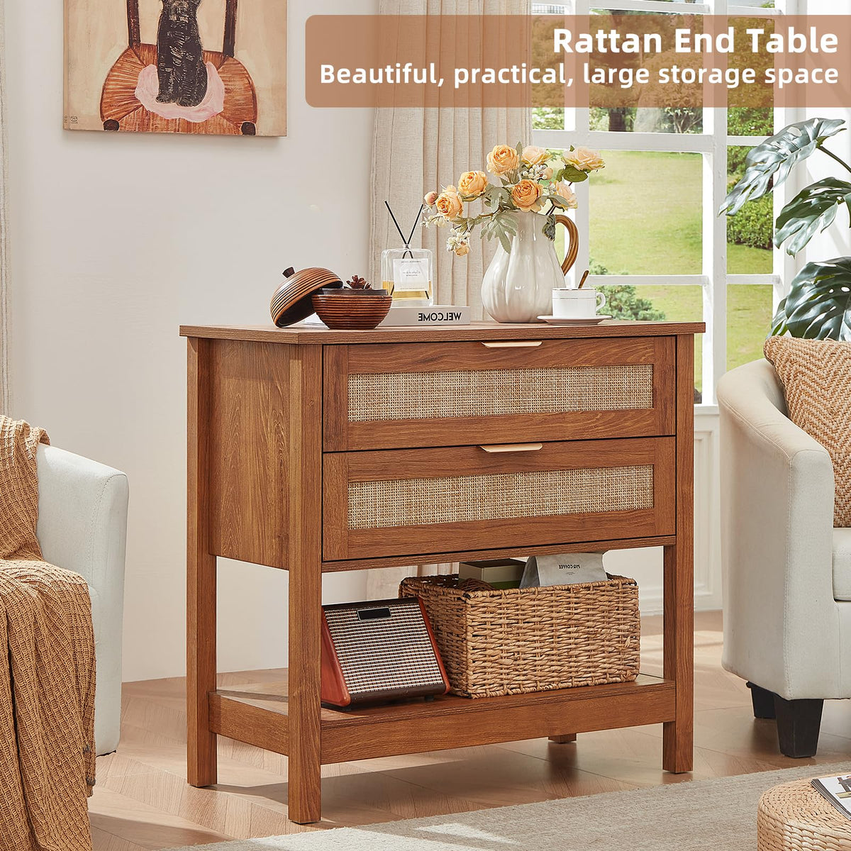 Lerliuo 31.5" Wide Rattan Nightstand,Oversized Large Boho Night Stand with 2 Drawers, 30" Tall Grey White Bedside Table with Storage Shelf, Bed Side End Tables for Bedroom, Living Room, Hallway