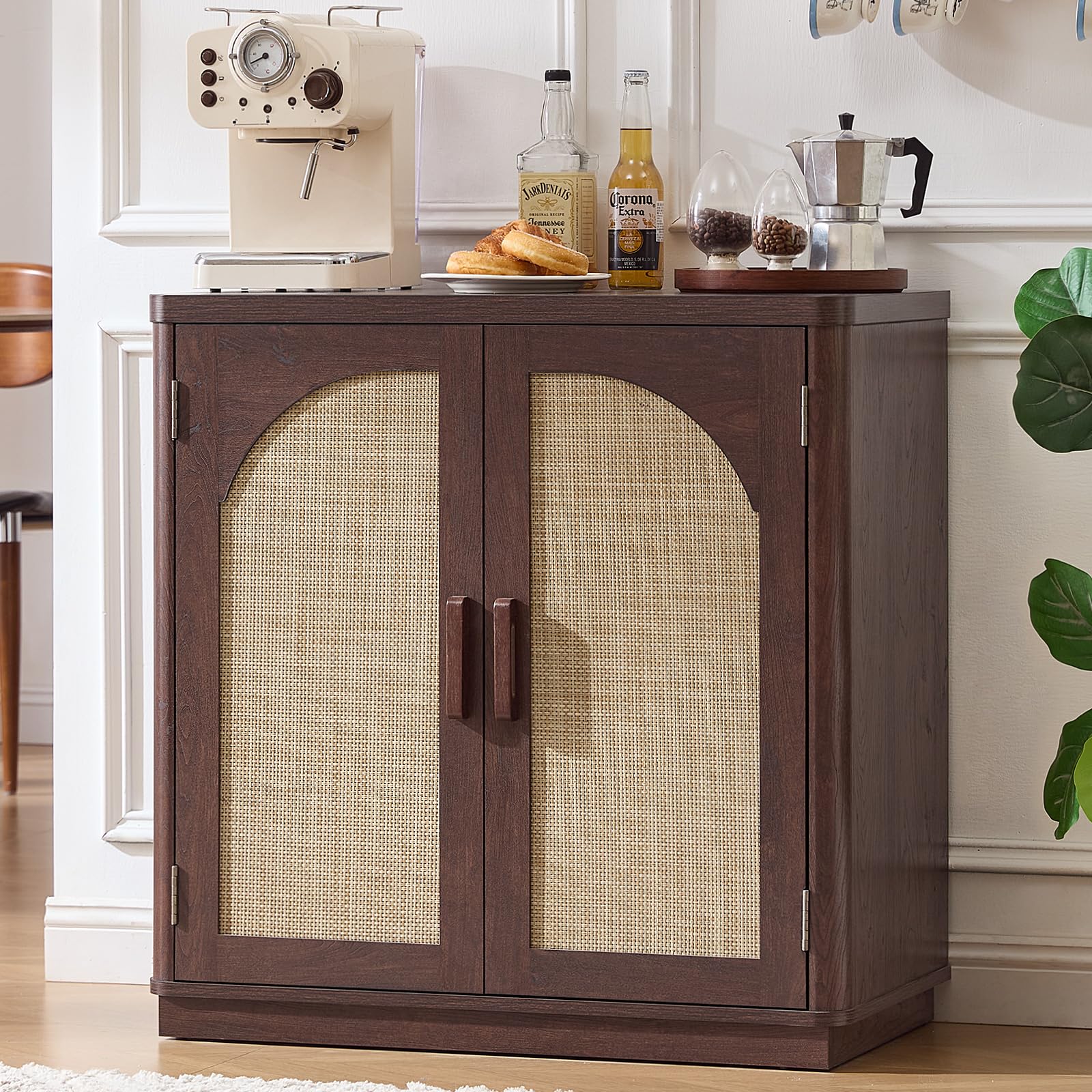 LEYAOYAO Rattan Sideboard Buffet Cabinet with Storage, 31.5" Coffee Bar Cabinet with Arch Doors & Adjustable Shelves, Wood Credenza, Boho Accent Cabinet for Kitchen, Living Room, Natural