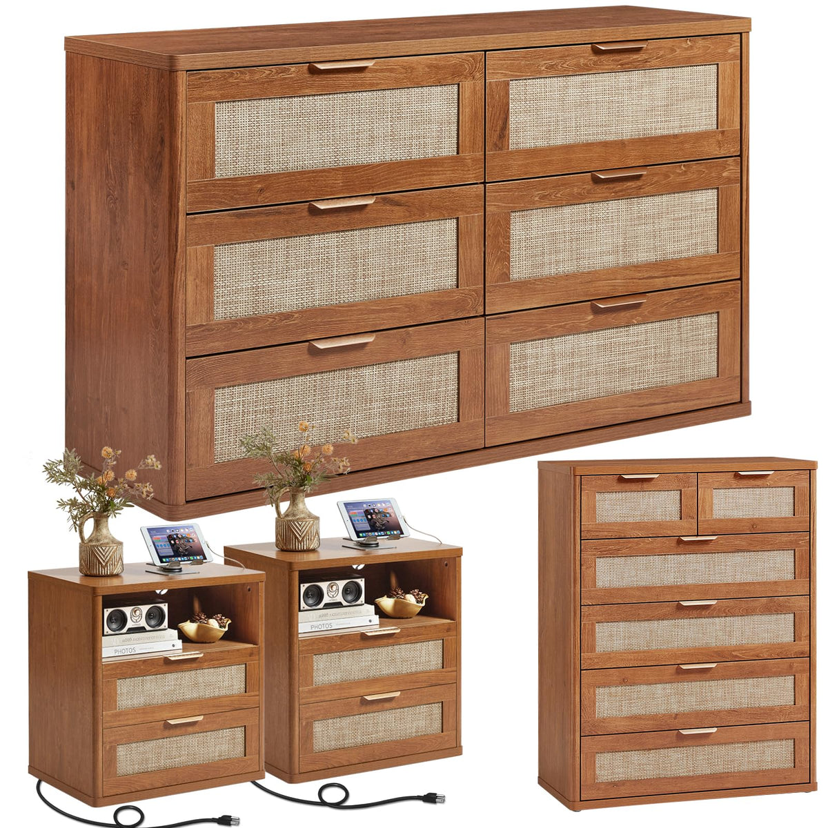 LEYAOYAO Rattan Dresser and Nightstand Sets 4 Piece, Natural