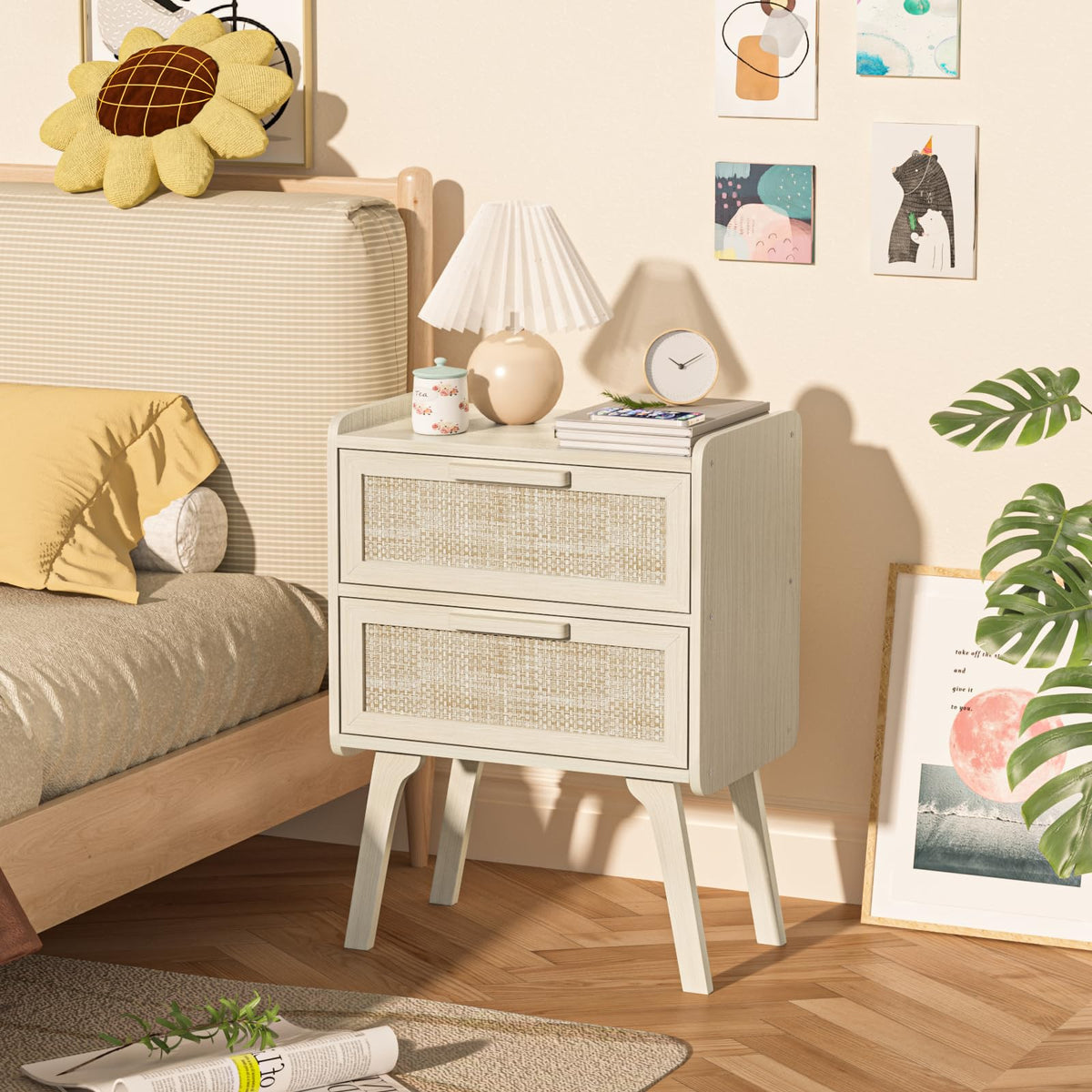 Lerliuo Rattan Nightstands Set of 2 for Bedroom, 2 Drawers