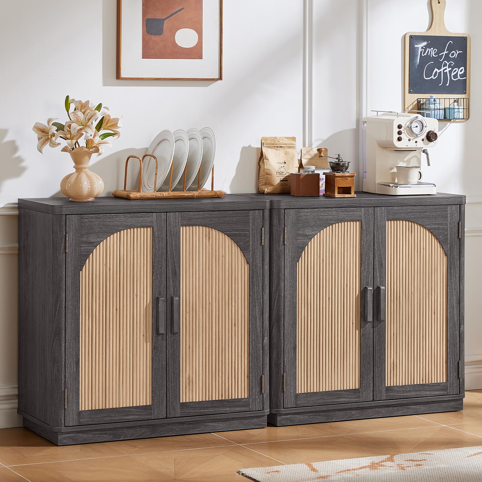 LEYAOYAO Fluted Buffet Cabinet with Storage, 31.5" Coffee Bar Cabinet with Arch Doors & Adjustable Shelves, Mid Century Modern Sideboard, Wood Credenza for Kitchen, Living Room, Natural