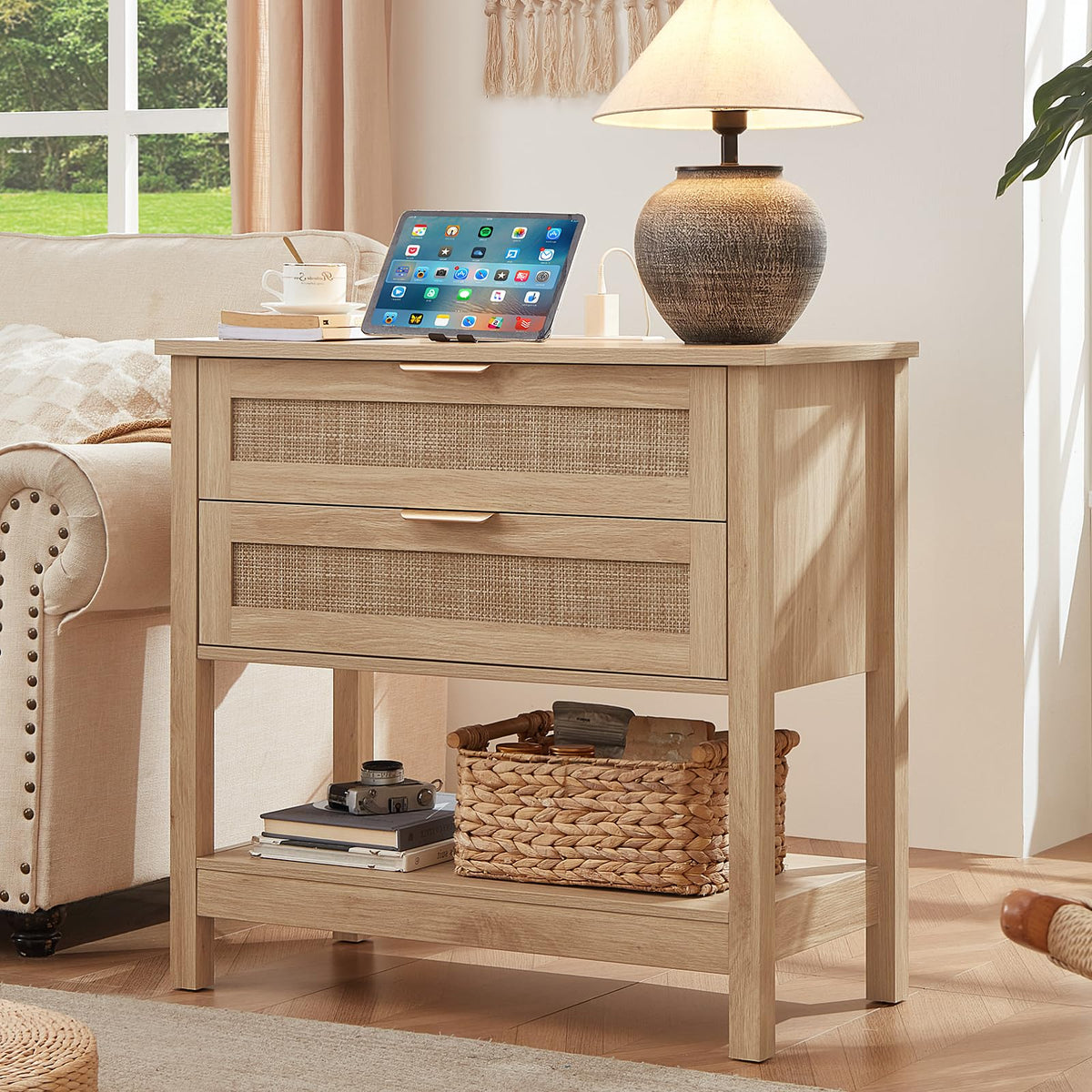Lerliuo 31.5" Wide Rattan Nightstand,Oversized Large Boho Night Stand with 2 Drawers, 30" Tall Grey White Bedside Table with Storage Shelf, Bed Side End Tables for Bedroom, Living Room, Hallway