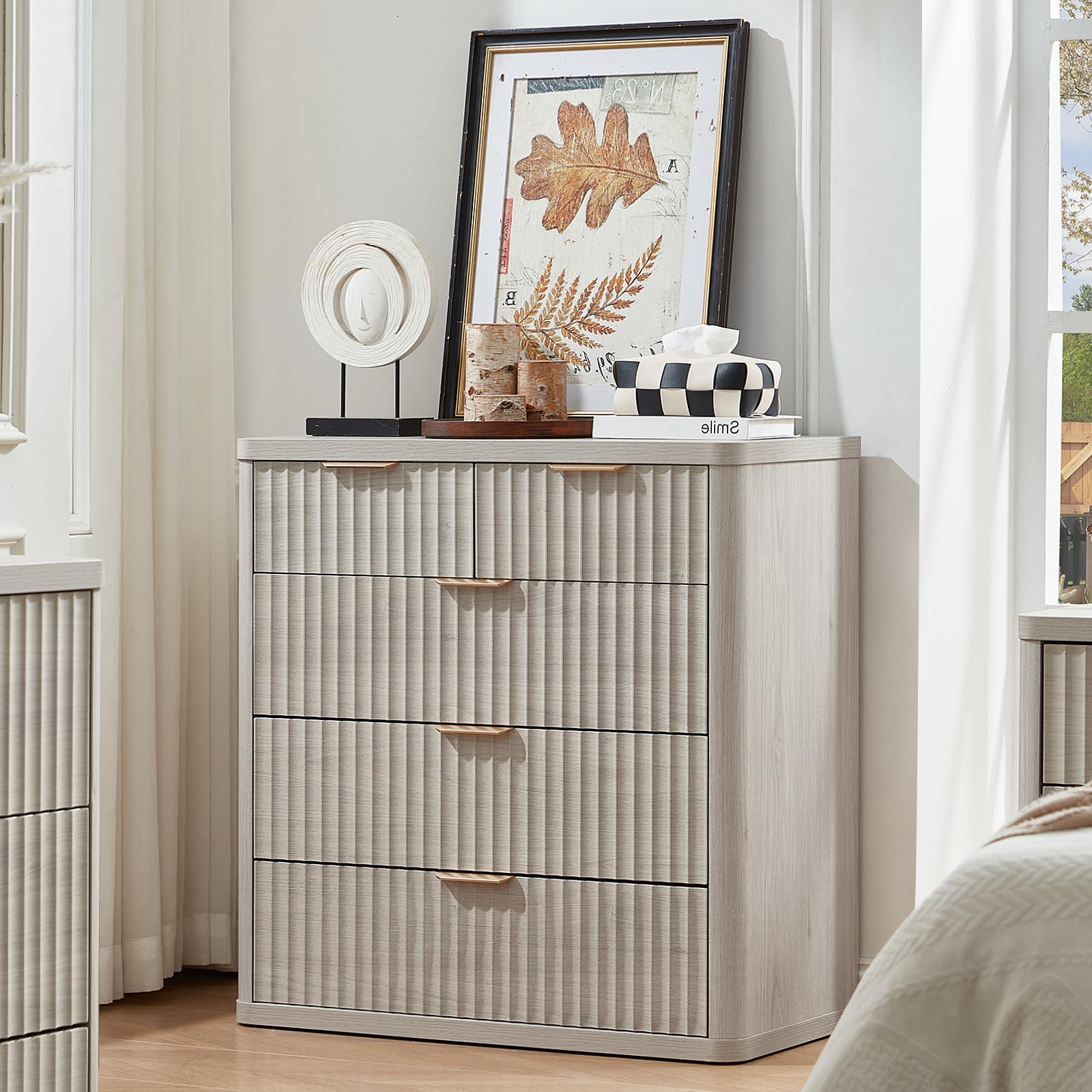 LEYAOYAO Fluted 6 Drawers Dresser for Bedroom Set of 2, 42" Tall Modern Chest of Drawer with Metal Handle, Curved Profile Design,Brown Wood Drawer Organizer for Bedroom, Living Room, Hallway