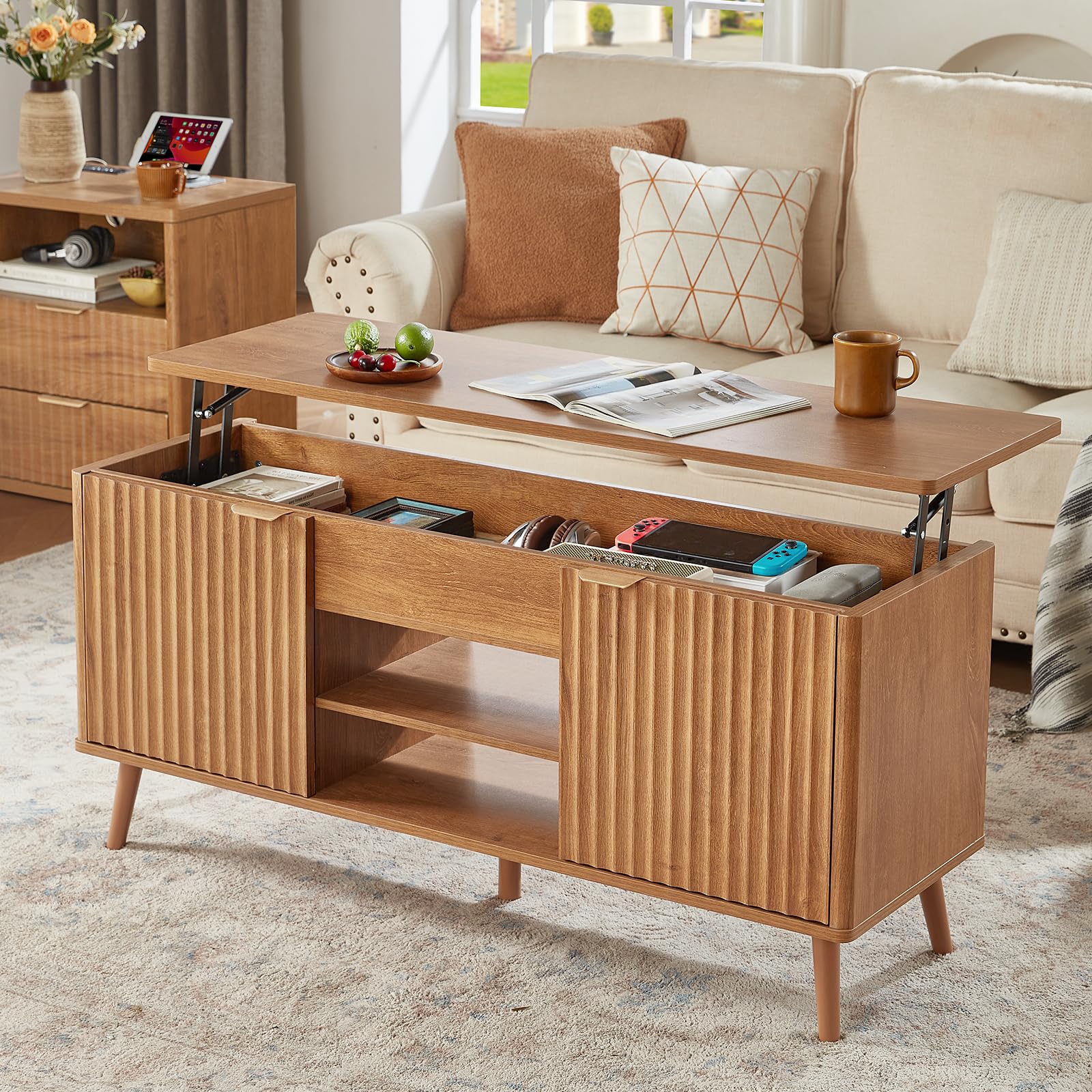 LEYAOYAO Fluted Lift Top Coffee Table and Nightstand Set,Wood 48" Wide Center Tables & 23" Night Stand with 3 Drawers,Farmhouse Living Room Suites for Bedroom Home Living Room Hallway,Blue