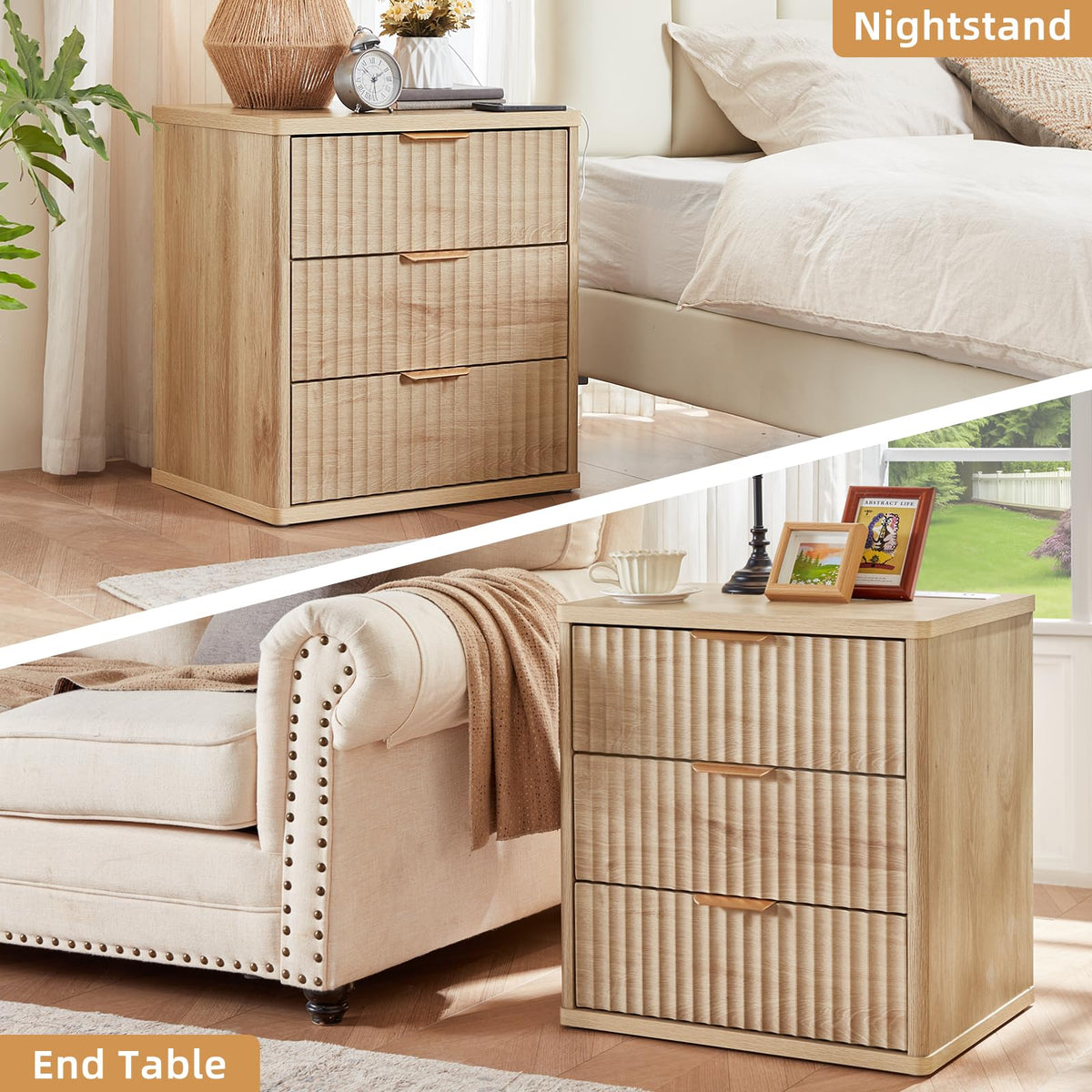 LEYAOYAO Fluted Lift Top Coffee Table and Nightstand Set,Wood 48" Wide Center Tables & 23" Night Stand with 3 Drawers,Farmhouse Living Room Suites for Bedroom Home Living Room Hallway,Blue