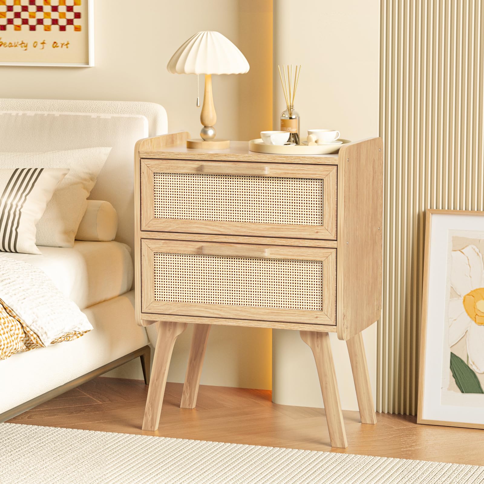 Lerliuo Rattan Nightstands Set of 2 for Bedroom, 2 Drawers