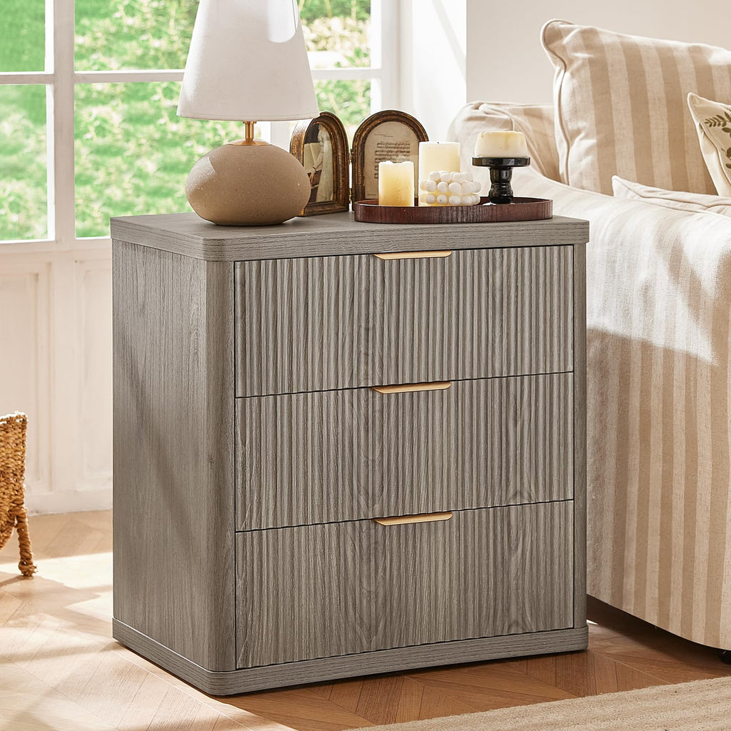 LEYAOYAO 23" Wide Fluted Night Stand with Charging Station, 3 Drawers Large End Table with Storage, LightGrey Nightstand Wood Bedside Tables, Farmhouse Cabinet Dresser for Bedroom, Closet