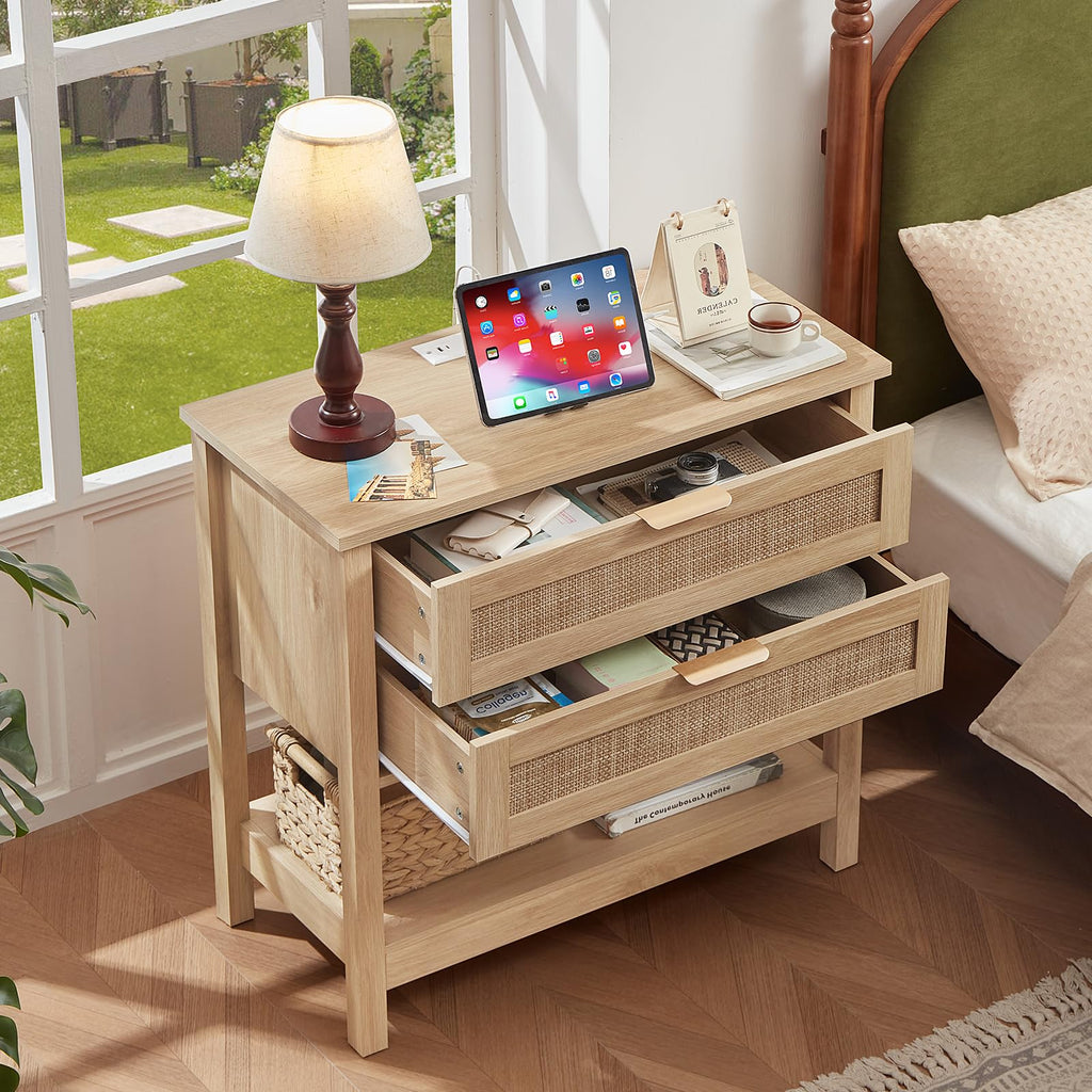 Lerliuo 31.5" Wide Rattan Nightstand,Oversized Large Boho Night Stand with 2 Drawers, 30" Tall Grey White Bedside Table with Storage Shelf, Bed Side End Tables for Bedroom, Living Room, Hallway