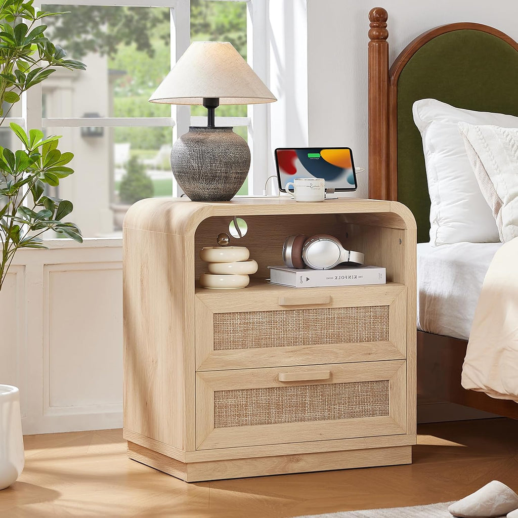 LEYAOYAO Rattan Nightstands Set of 2 with Charging Station, Natural