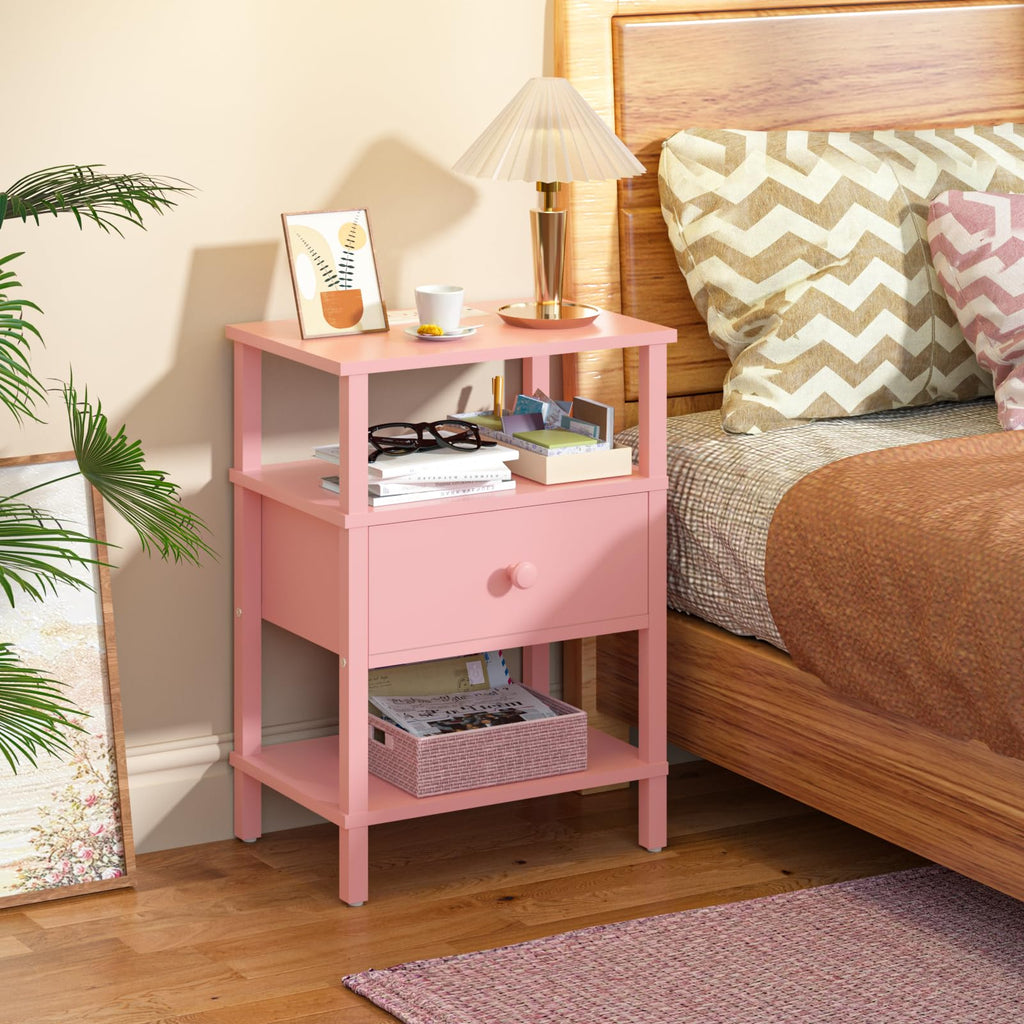 Lerliuo Nightstand with Charging Station and USB Ports, 3-Tier Storage End Table with Drawer Shelf, Night Stand for Small Spaces, Wood Bedside Table for Living Room, Bedroom - Retro Brown…