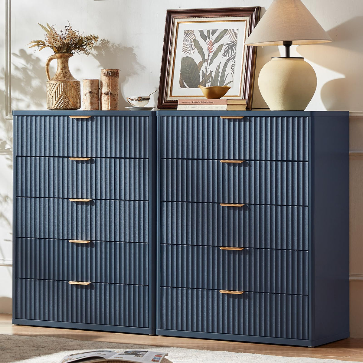 LEYAOYAO Fluted 5 Drawers Dresser for Bedroom, 41" Tall Modern Chest of Drawers with Metal Handle, Curved Profile Design,Natural Wood Drawer Organizer for Bedroom, Living Room, Hallway, Entryway