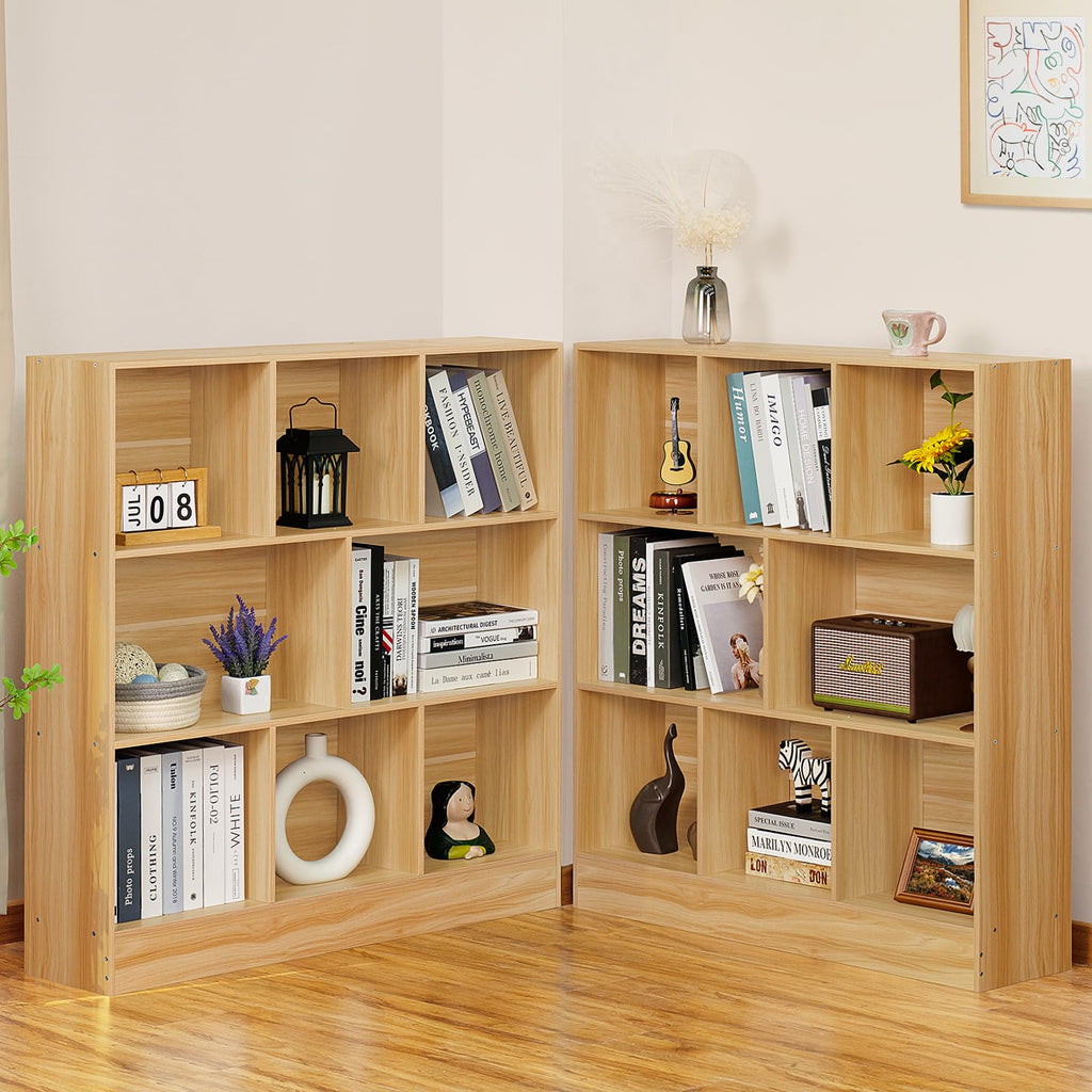 LEYAOYAO 7 Cube Bookshelf with Base,3 Tier Mid-Century Modern Blue Bookcase,Standing Wide Bookshelves Storage Organizer Shelf,Rustic Wood Display Cabinet Book Shelves for Bedroom,Living Room,Office
