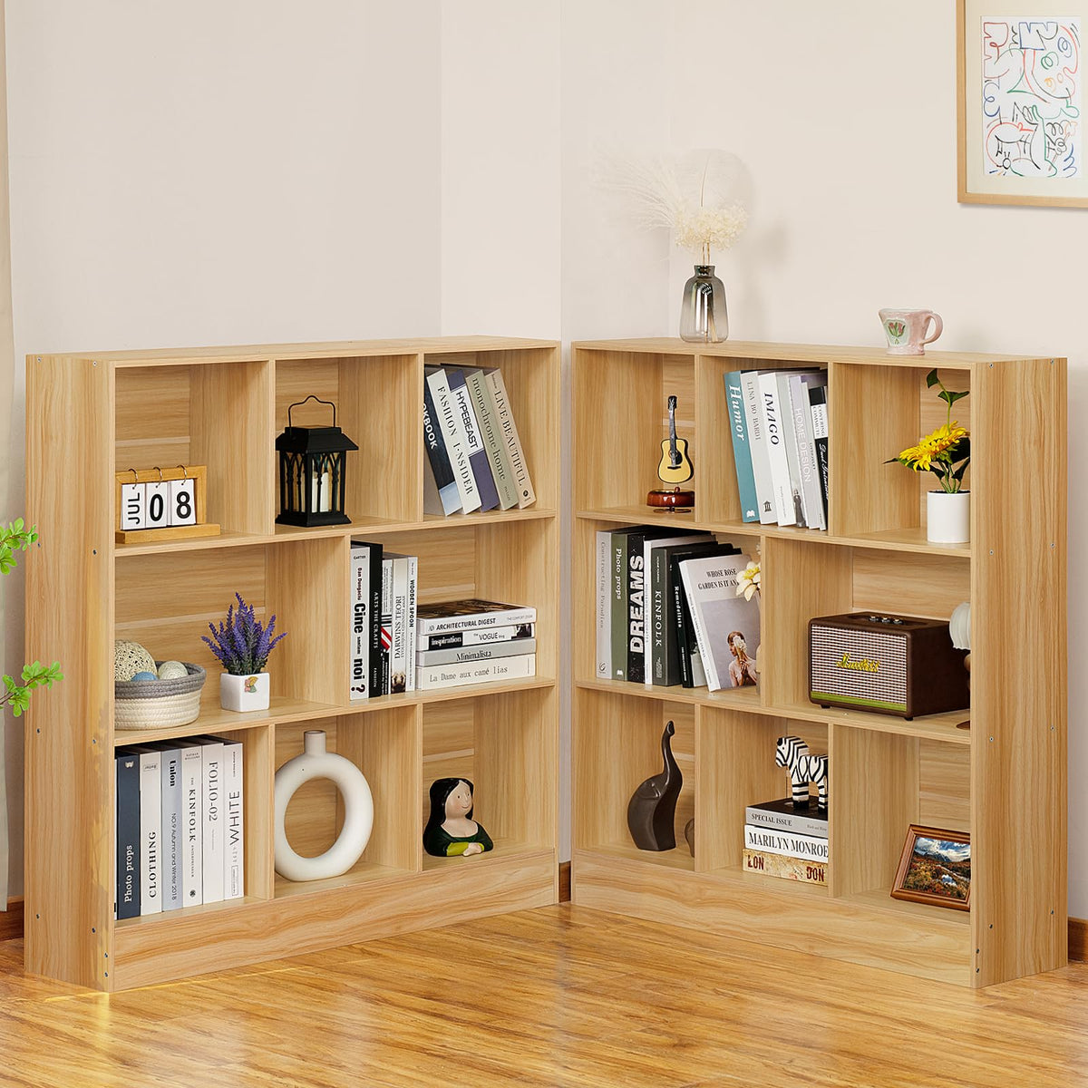 LEYAOYAO 7 Cube Bookshelf with Base,3 Tier Mid-Century Modern Blue Bookcase,Standing Wide Bookshelves Storage Organizer Shelf,Rustic Wood Display Cabinet Book Shelves for Bedroom,Living Room,Office