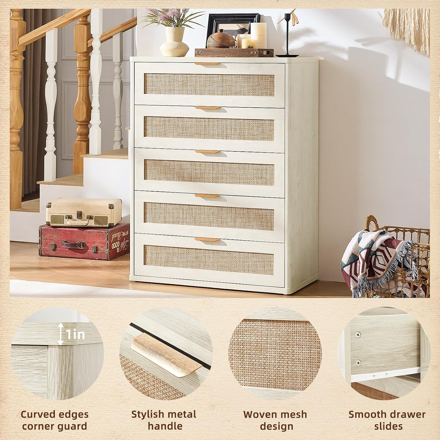 LEYAOYAO Rattan 23" Nightstands with Charger Station 2 Drawers