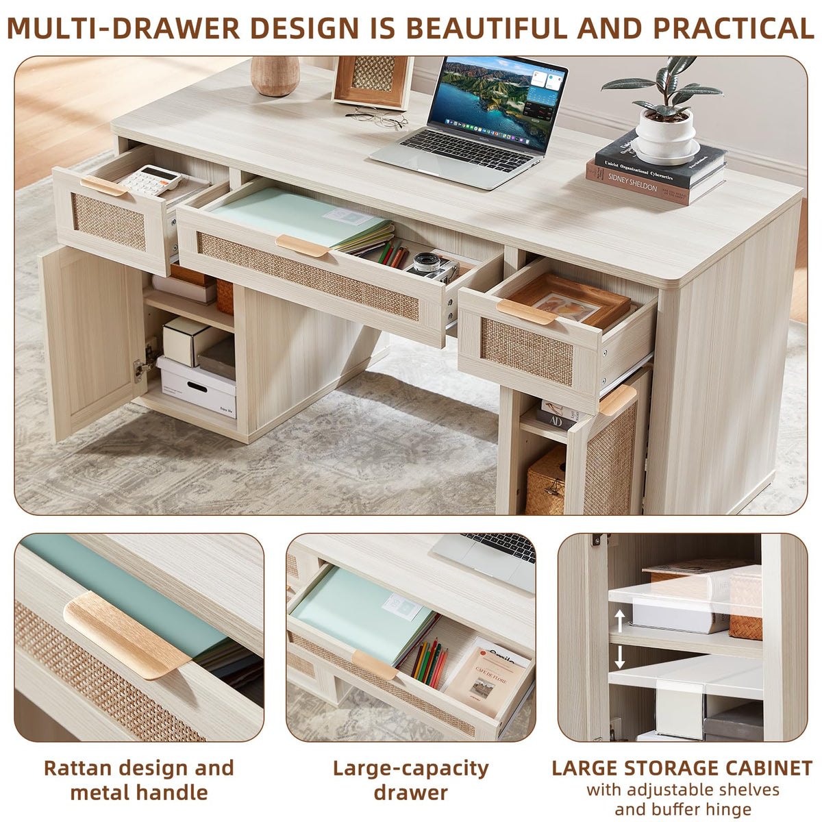 LEYAOYAO Office Desk 56" with 5 Drawers Storage File Cabinet, Natural
