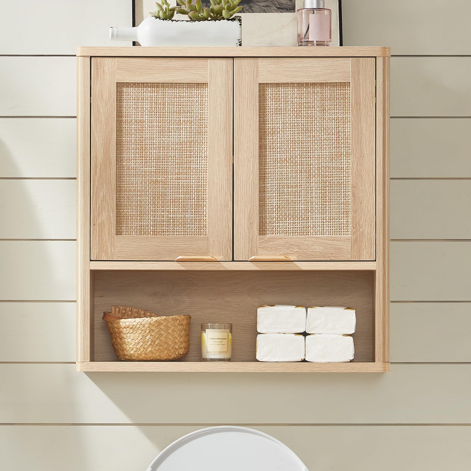 Lerliuo Rattan Bathroom Wall Cabinet, Boho Natural Medicine Cabinet with Adjustable Wood Shelf, 2 Doors Over The Toilet Storage Cabinets for Laundry Room, Kitchen, Living Room