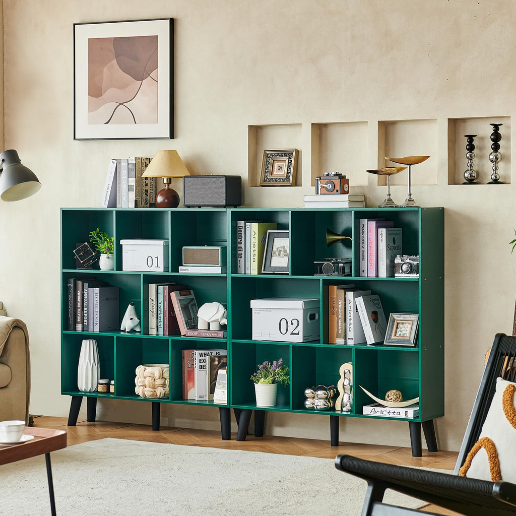 LEYAOYAO 7 Cube Bookshelf, Mid-Century Modern Bookcase Legs,Black Wooden Book Shelves, Wood 3-Tier Freestanding Storage Organizer Display Shelf for Bedroom,Living Room,Office