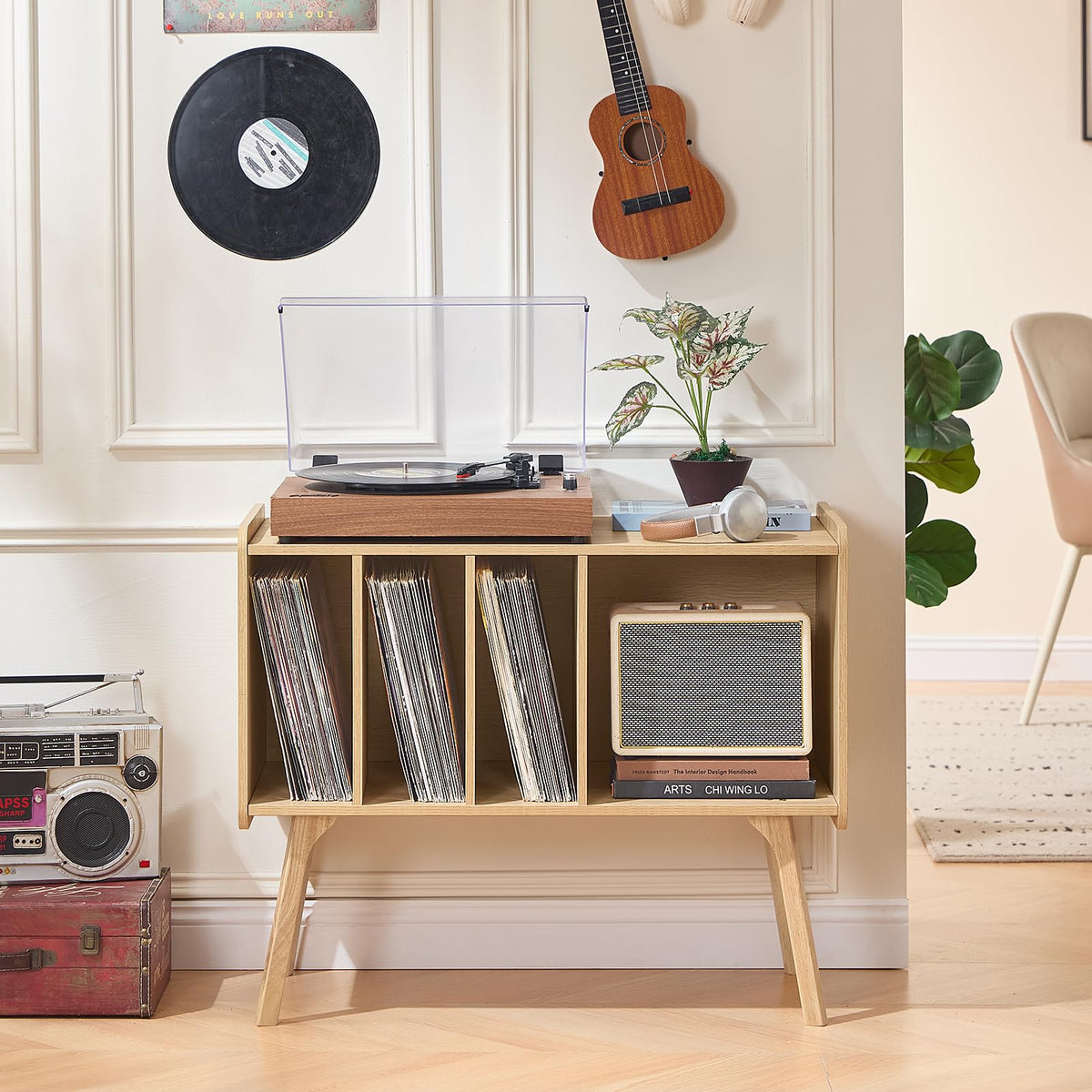 Lerliuo Record Player Stand with 4 Cabinet Holds Up to 220 Albums,Oak