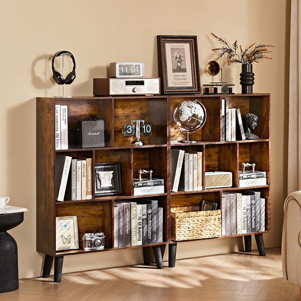 LEYAOYAO 7 Cube Bookshelf, Mid-Century Modern Bookcase Legs,Black Wooden Book Shelves, Wood 3-Tier Freestanding Storage Organizer Display Shelf for Bedroom,Living Room,Office