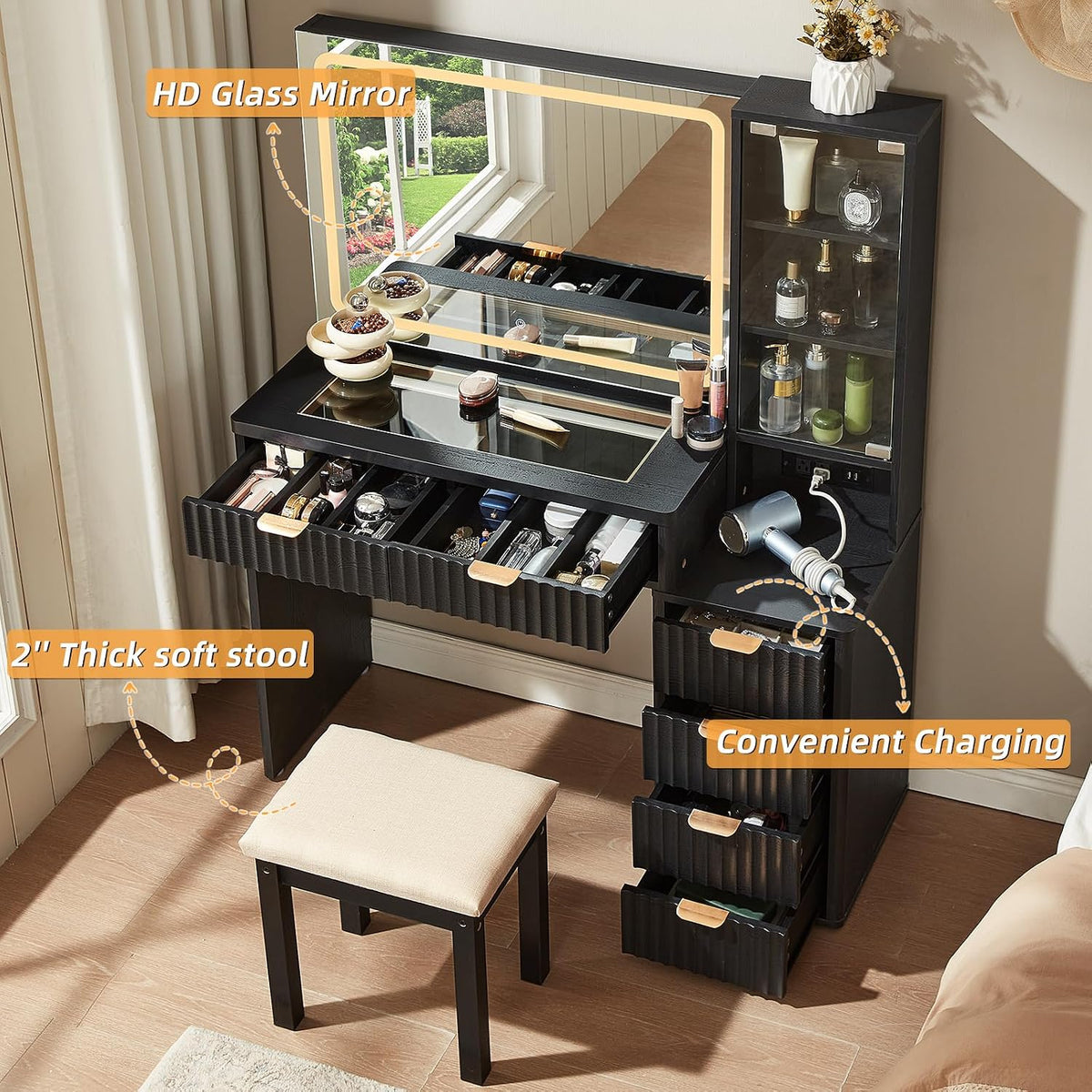 LEYAOYAO Fluted Makeup Vanity Desk with Mirror and Lights, Stool Sets