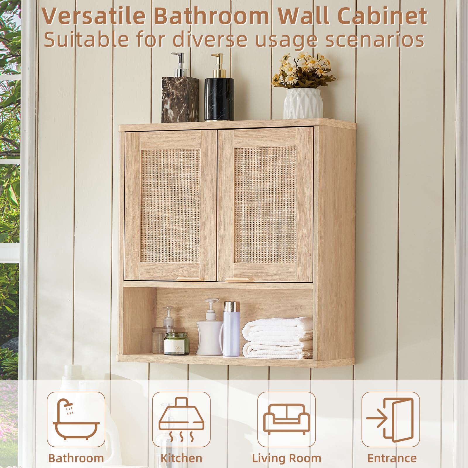 LEYAOYAO 68" Boho Over the Toilet Storage Cabinet with Rattan Sliding Door