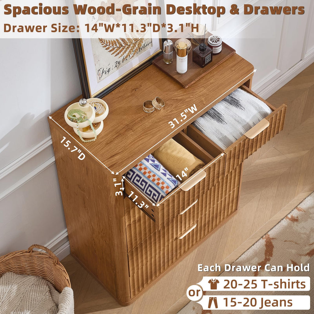 LEYAOYAO Fluted 6 Drawers Dresser for Bedroom Set of 2, 42" Tall Modern Chest of Drawer with Metal Handle, Curved Profile Design,Brown Wood Drawer Organizer for Bedroom, Living Room, Hallway