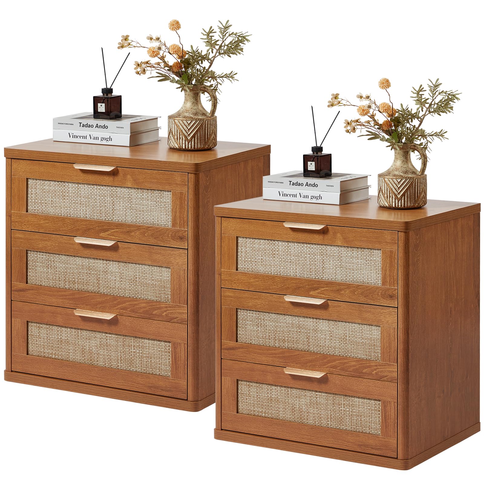 Lerliuo Rattan NightStand with Charger Station, 23" Wide Boho Bedside Table with Drawers, Natural Wood Night Stand Open Storage Cabinet, Bed Side End Table Dresser for Living Room, Hallway, Bedroom