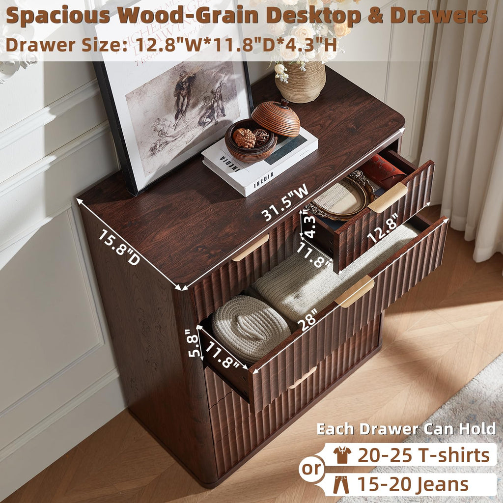 LEYAOYAO Fluted 6 Drawers Dresser for Bedroom Set of 2, 42" Tall Modern Chest of Drawer with Metal Handle, Curved Profile Design,Brown Wood Drawer Organizer for Bedroom, Living Room, Hallway