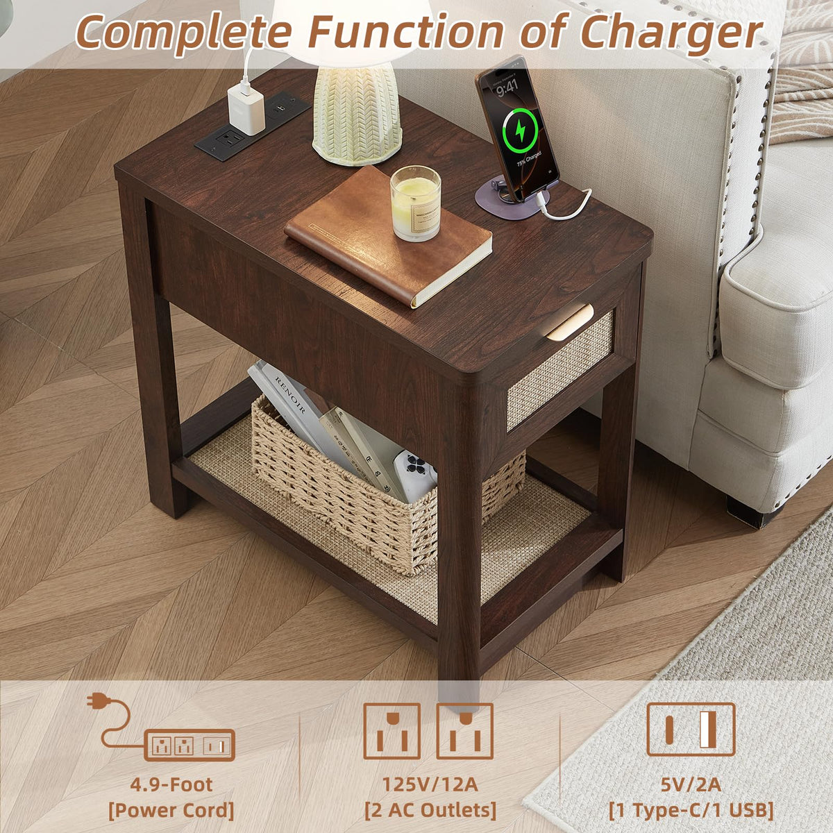 Lerliuo 24 x 14'' Narrow Night Stand Set 2 with Charger USB Ports