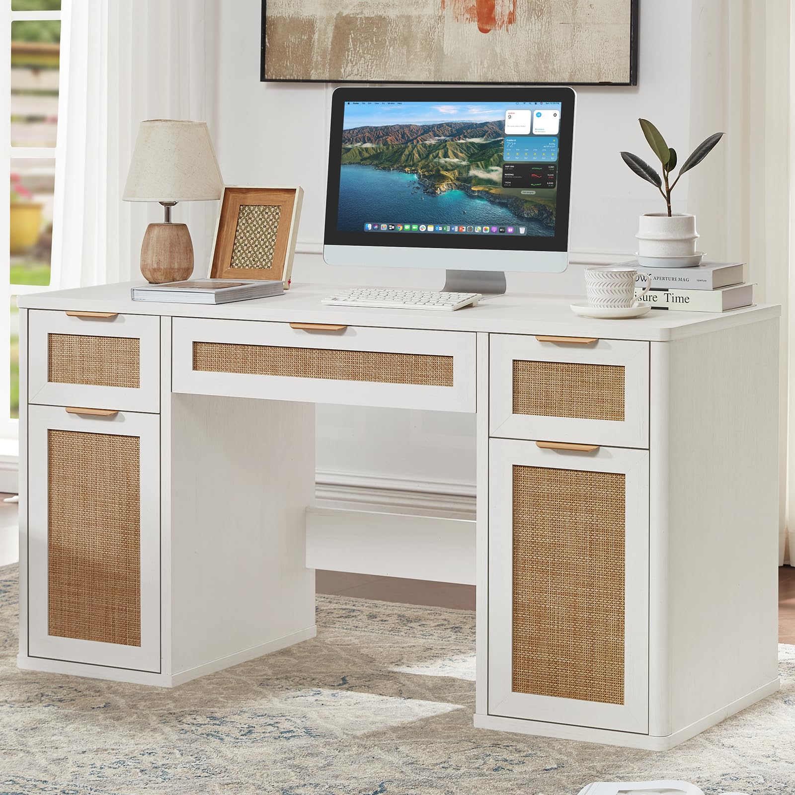 LEYAOYAO Office Desk 56" with 5 Drawers Storage File Cabinet, Natural