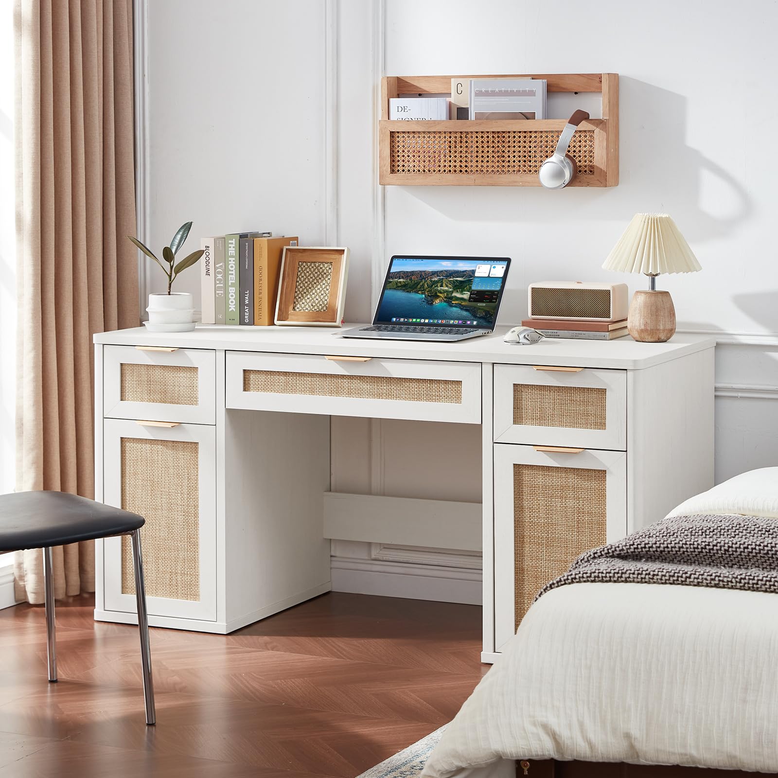 LEYAOYAO Office Desk 56" with 5 Drawers Storage File Cabinet, Natural
