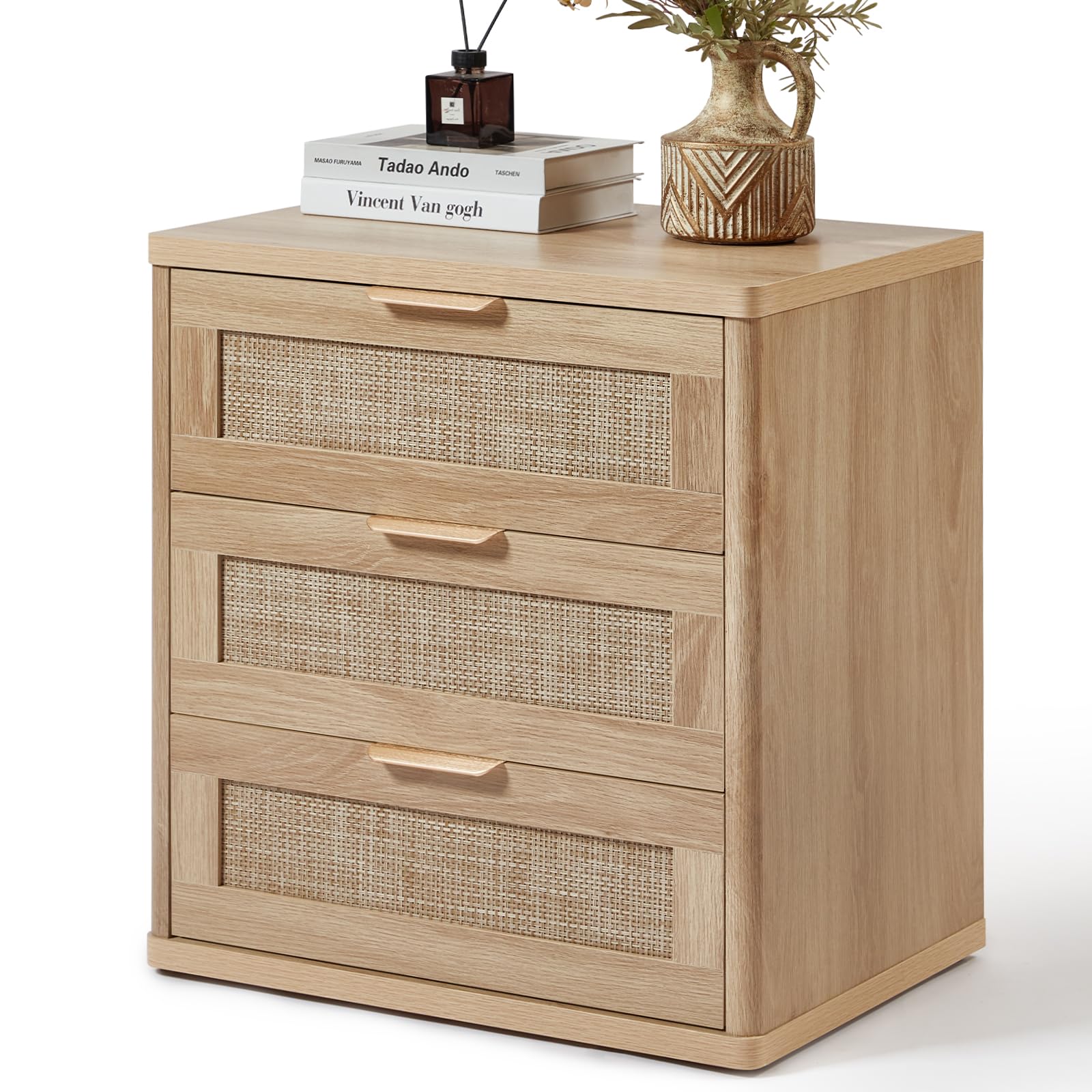 Lerliuo Rattan NightStand with Charger Station, 23" Wide Boho Bedside Table with Drawers, Natural Wood Night Stand Open Storage Cabinet, Bed Side End Table Dresser for Living Room, Hallway, Bedroom
