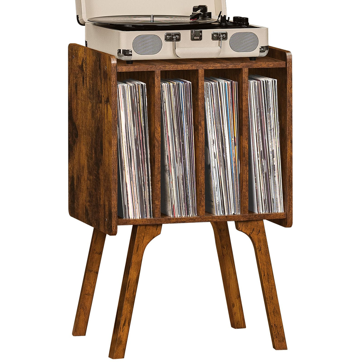 Lerliuo Record Player Stand with Storage Holds Up to 80 Albums, Turntable Stand with Beech Wood Legs, Mid-Century Record Player Table,Black Vinyl Holder Display Shelf for Bedroom Living Room