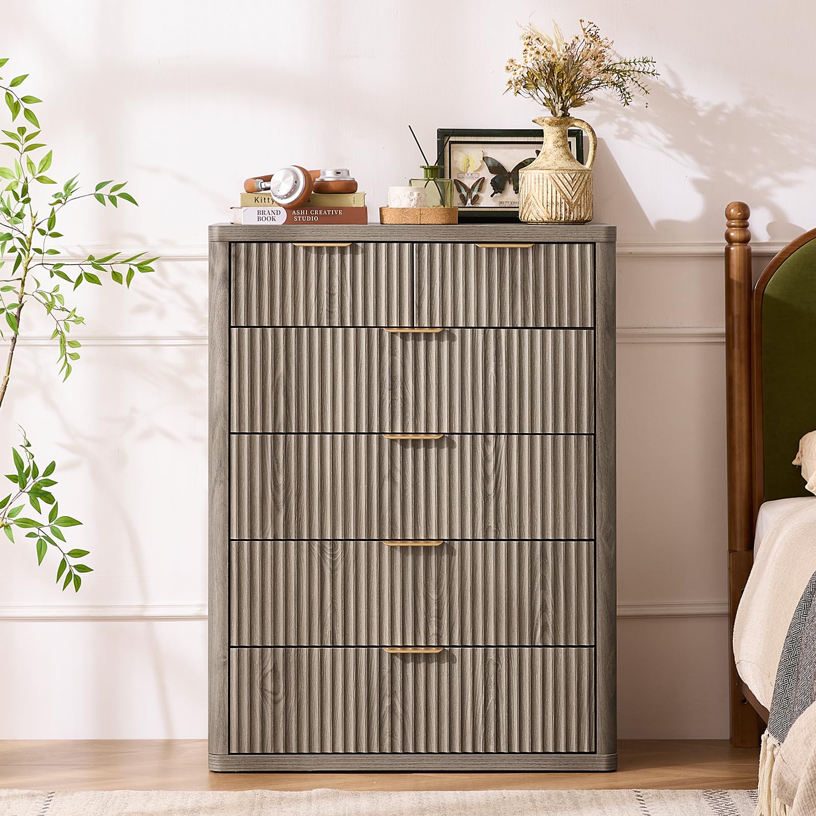 LEYAOYAO Fluted Dressers & Nightstand Set of 4, Wood 48" Wide Dresser & 42" Tall Chest of Drawers,Modern Bedroom Furniture Sets, Black Wooden Nightstand Set of 2 with 2 Drawers & Charging Station
