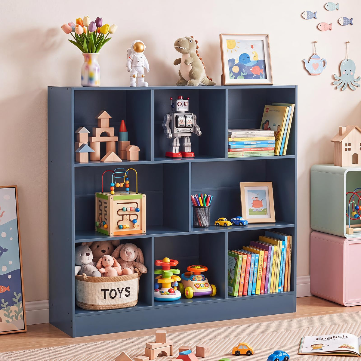 LEYAOYAO 7 Cube Bookshelf with Base,3 Tier Mid-Century Modern Blue Bookcase,Standing Wide Bookshelves Storage Organizer Shelf,Rustic Wood Display Cabinet Book Shelves for Bedroom,Living Room,Office