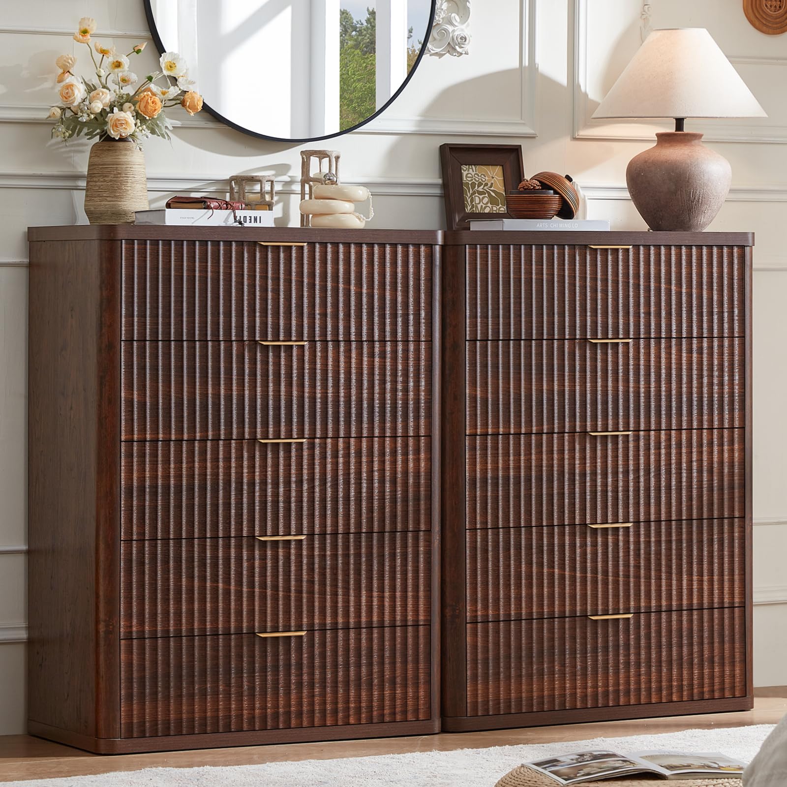 LEYAOYAO Fluted 5 Drawers Dresser for Bedroom, 41" Tall Modern Chest of Drawers with Metal Handle, Curved Profile Design,Natural Wood Drawer Organizer for Bedroom, Living Room, Hallway, Entryway