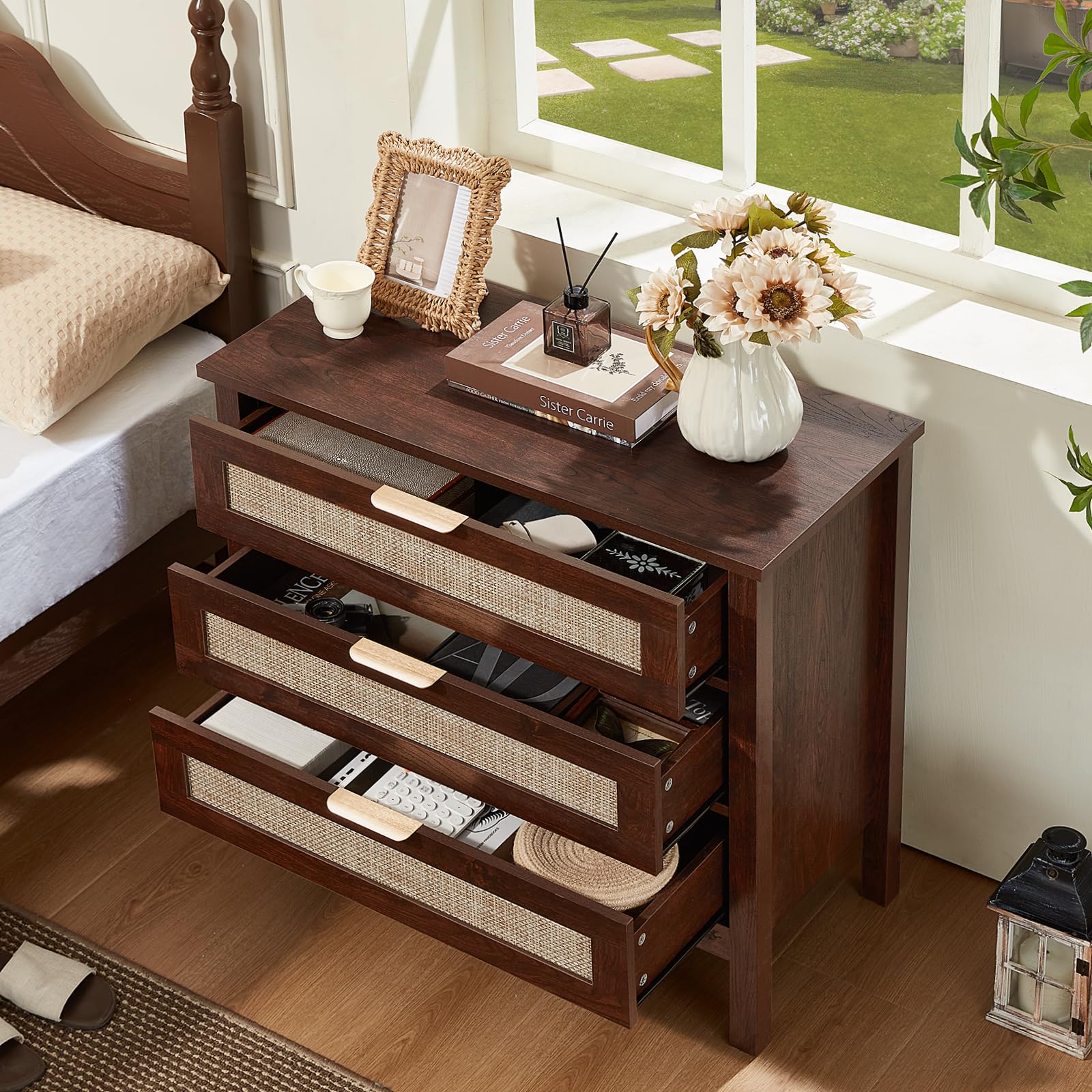 LEYAOYAO 26.8" Wide Rattan Nightstands Set of 2, Large Boho Night Stand