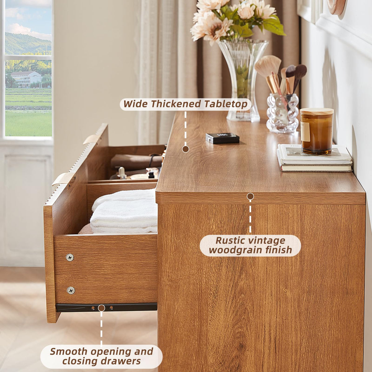 Lerliuo Fluted Nightstand with Charging Station, 23" Wide 2 Drawers End Table, Blue Night Stand with Open Storage Cabinet, Farmhouse Bed Side Tables, Wood Dresser for Bedroom