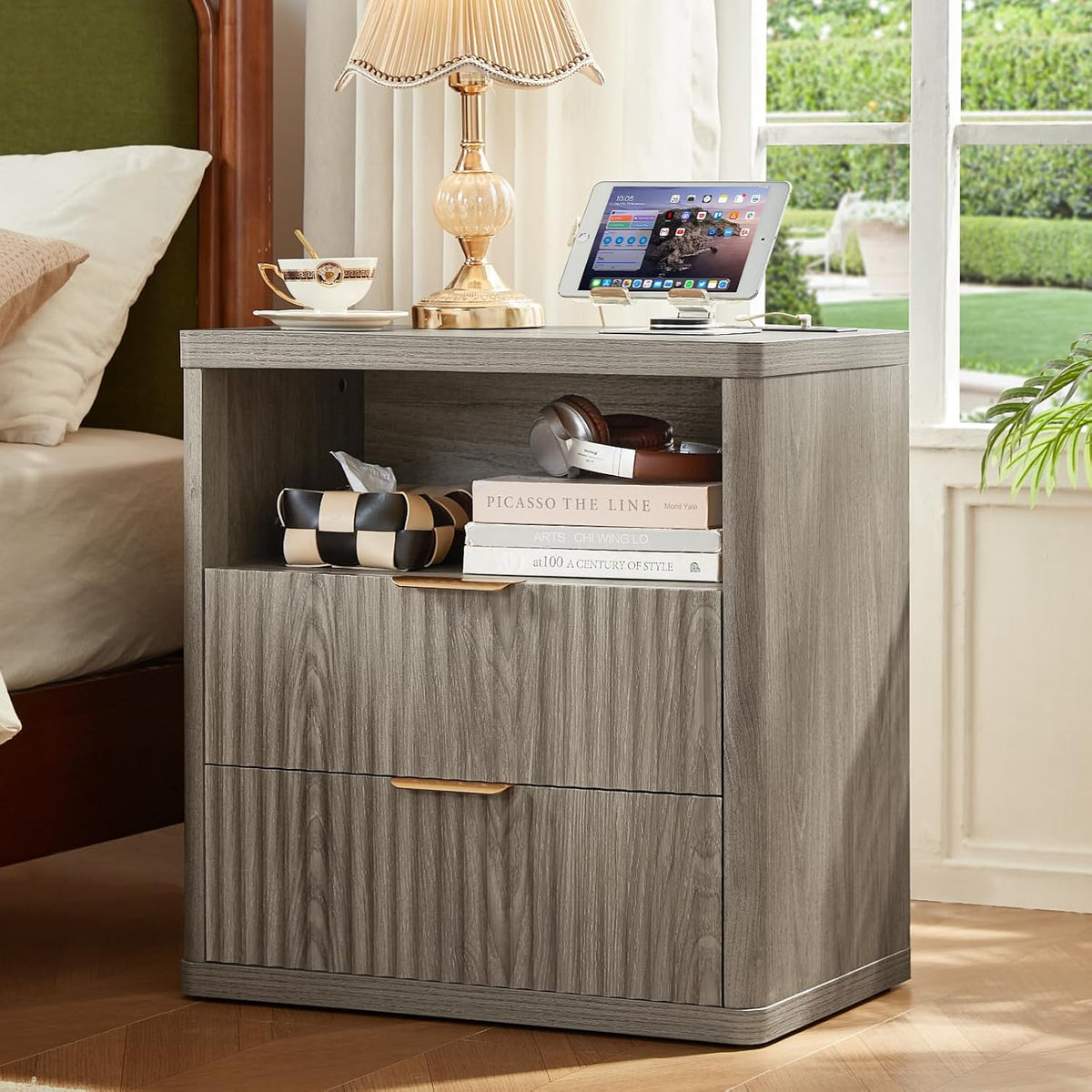 LEYAOYAO 23" Wide Fluted Night Stand with Charging Station, 2 Drawers Large End Table with Storage, LightGrey Nightstand Wood Bedside Tables, Farmhouse Cabinet Dresser for Bedroom, Closet