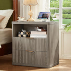 LEYAOYAO 23" Wide Fluted Night Stand with Charging Station, 2 Drawers Large End Table with Storage, LightGrey Nightstand Wood Bedside Tables, Farmhouse Cabinet Dresser for Bedroom, Closet