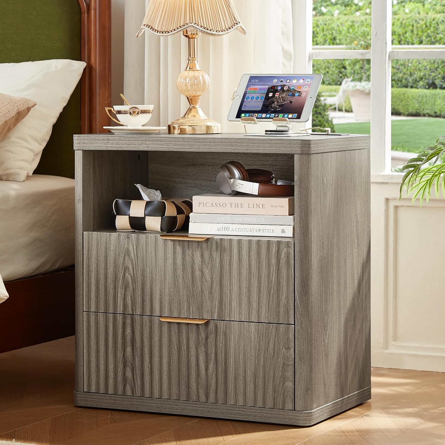 LEYAOYAO 23" Wide Fluted Night Stand with Charging Station, 2 Drawers Large End Table with Storage, LightGrey Nightstand Wood Bedside Tables, Farmhouse Cabinet Dresser for Bedroom, Closet