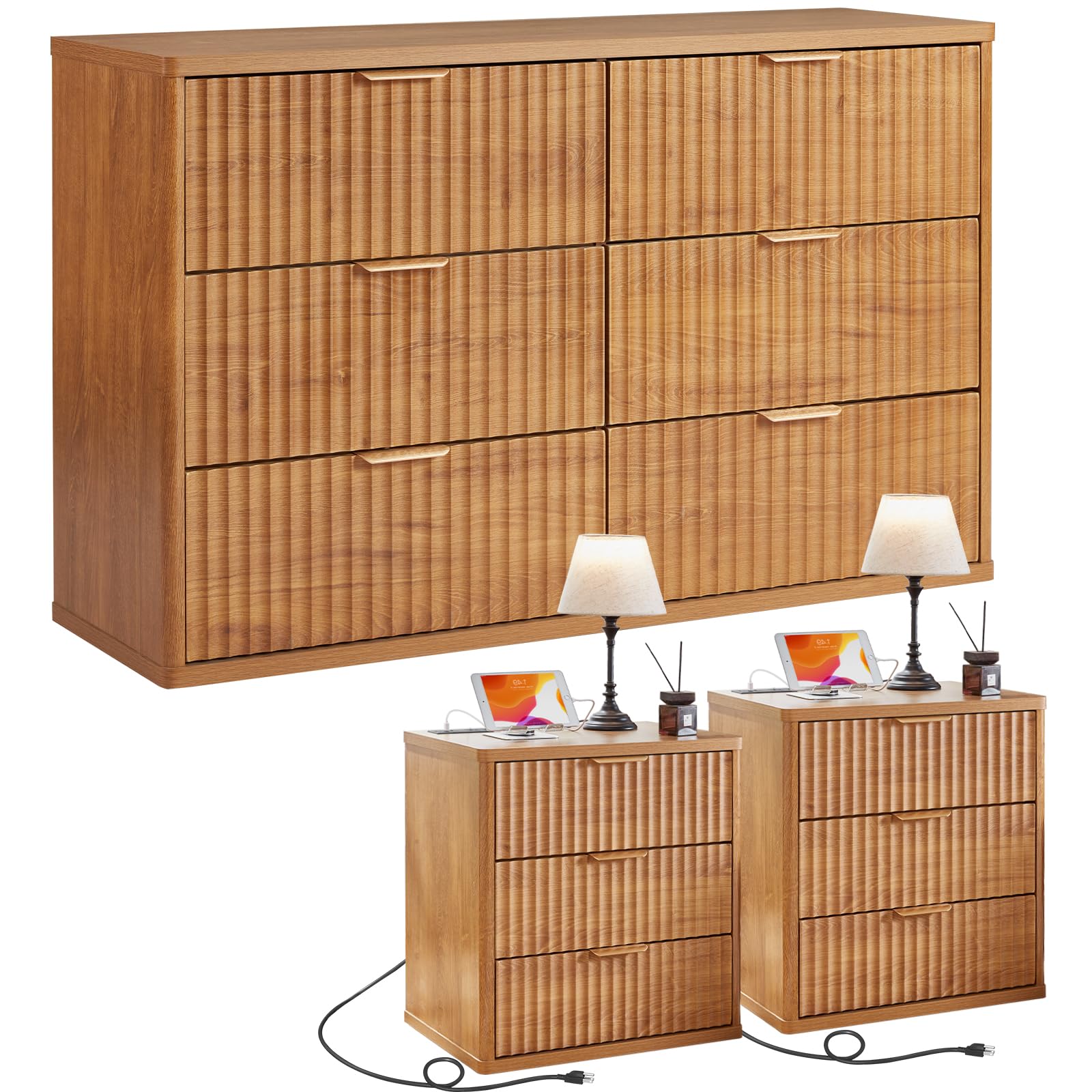 LEYAOYAO Fluted Dresser and Nightstand Sets, Wood 48" Wide Dresser & 23" Night Stand with Charging Station, 2 Piece Bedroom Furniture Set, Chest of Drawers for Bedroom,Living Room, Antique White