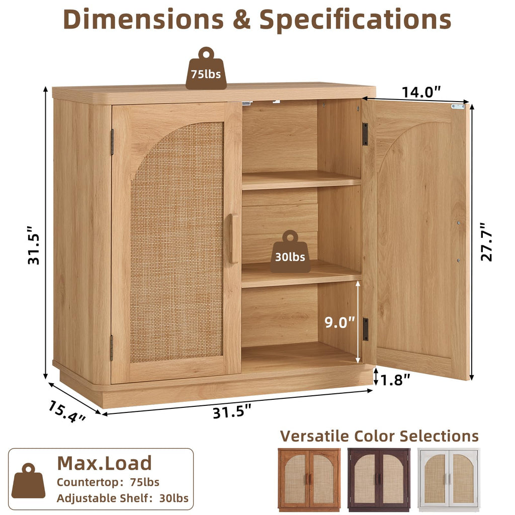 LEYAOYAO Rattan Sideboard Buffet Cabinet with Storage, 31.5" Coffee Bar Cabinet with Arch Doors & Adjustable Shelves, Wood Credenza, Boho Accent Cabinet for Kitchen, Living Room, Natural