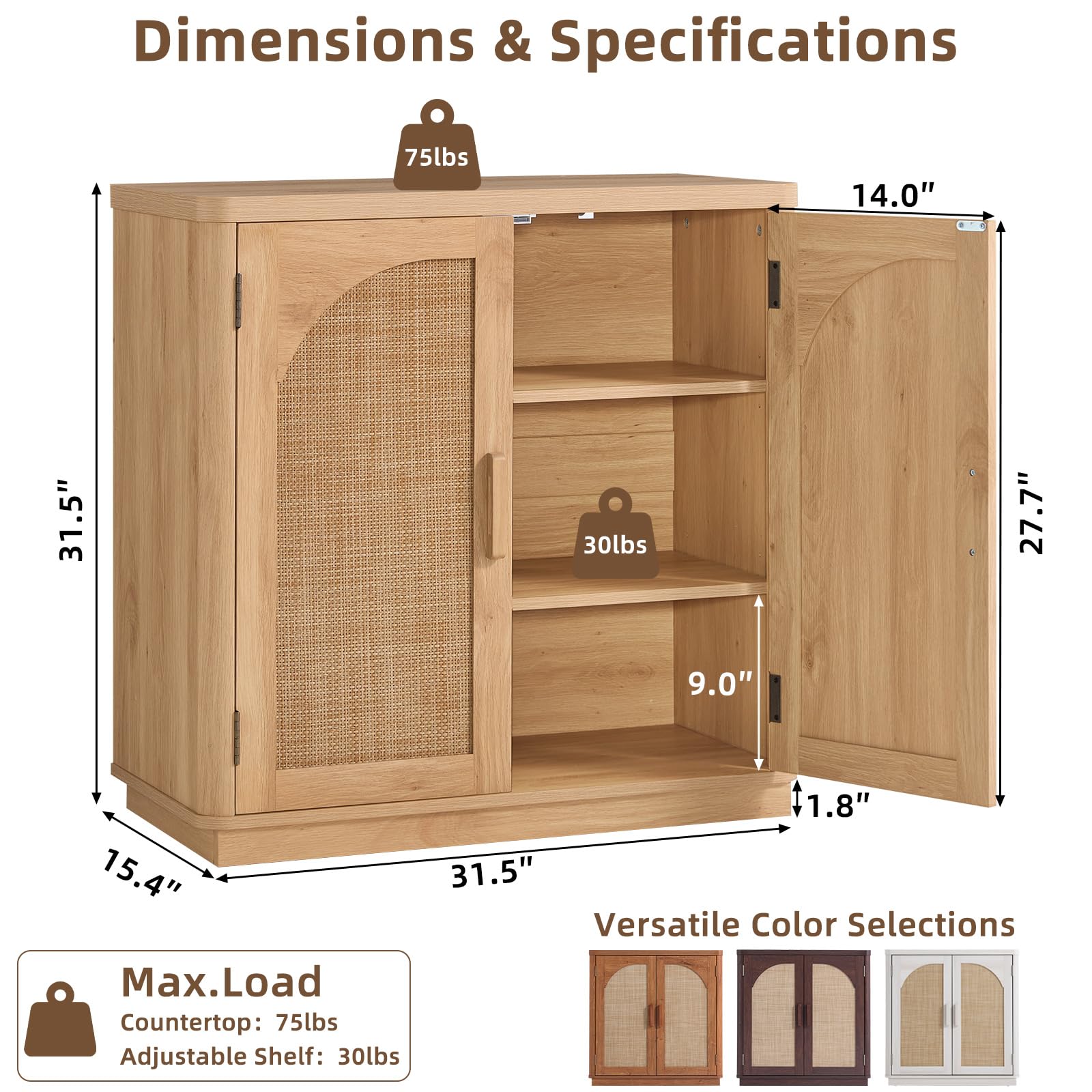 LEYAOYAO Rattan Sideboard Buffet Cabinet with Storage, 31.5" Coffee Bar Cabinet with Arch Doors & Adjustable Shelves, Wood Credenza, Boho Accent Cabinet for Kitchen, Living Room, Natural