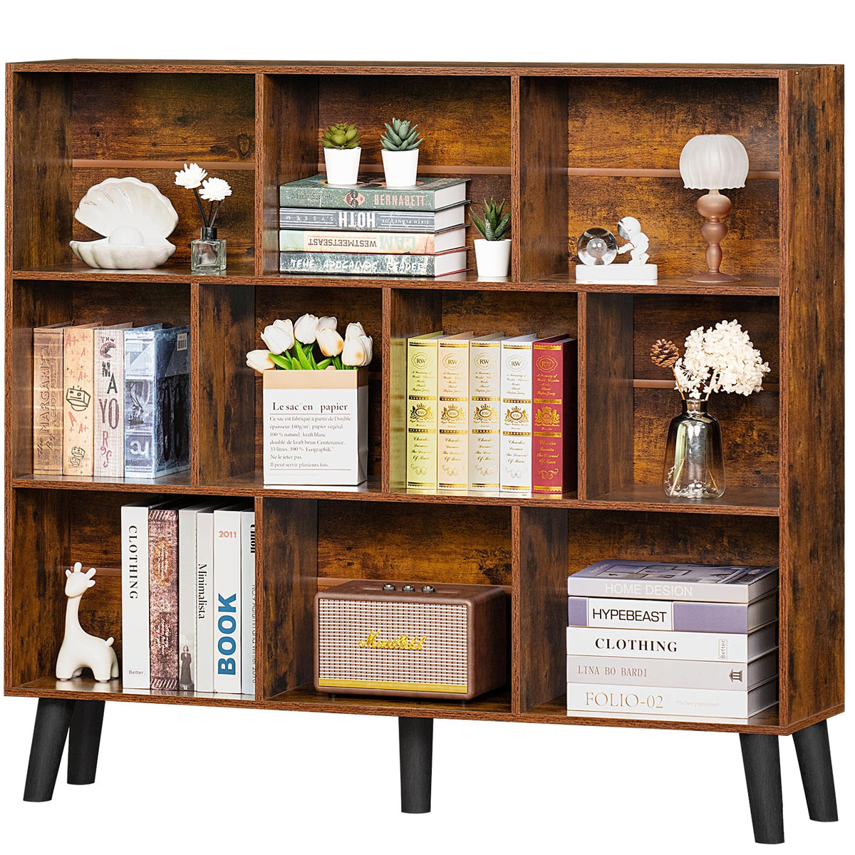 LEYAOYAO Cube Bookshelf, Mid-Century Modern Book Shelf with Legs, Brown