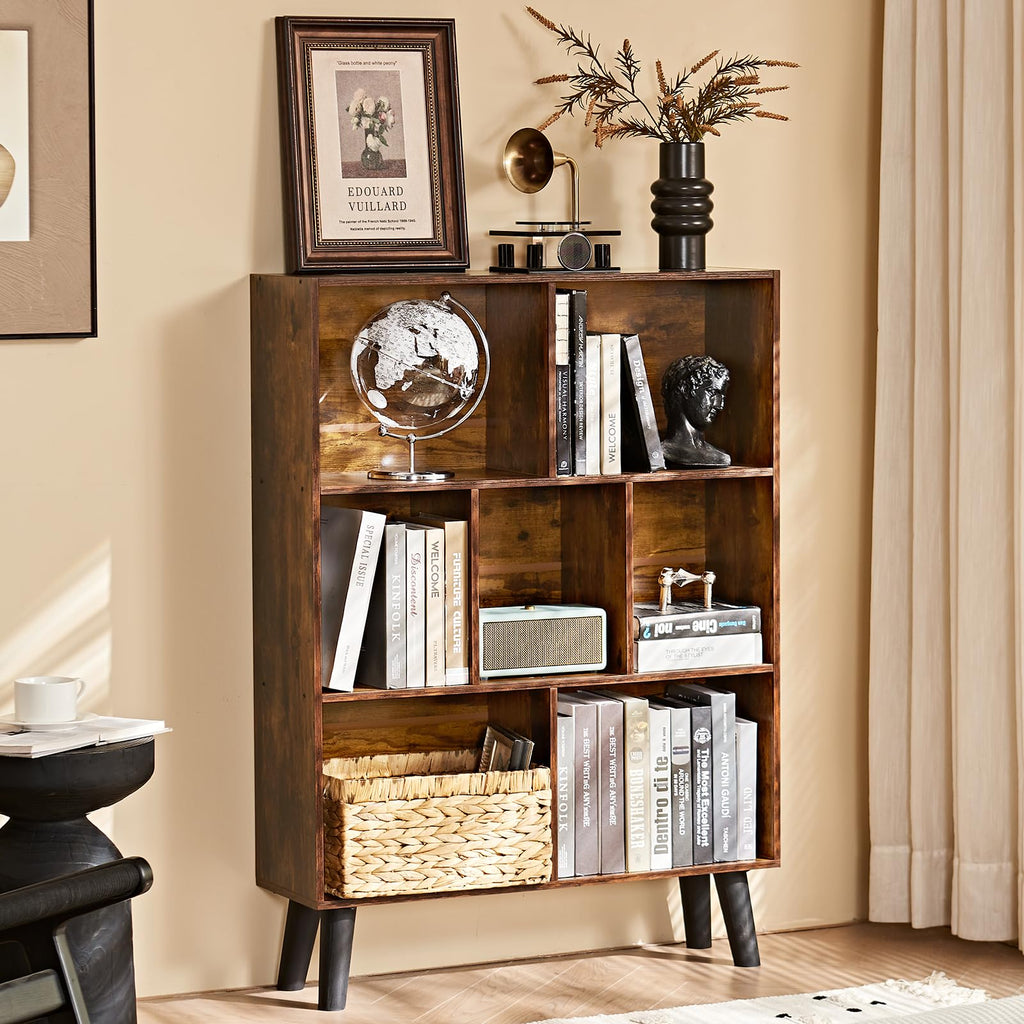 LEYAOYAO 7 Cube Bookshelf, Mid-Century Modern Bookcase Legs,Black Wooden Book Shelves, Wood 3-Tier Freestanding Storage Organizer Display Shelf for Bedroom,Living Room,Office
